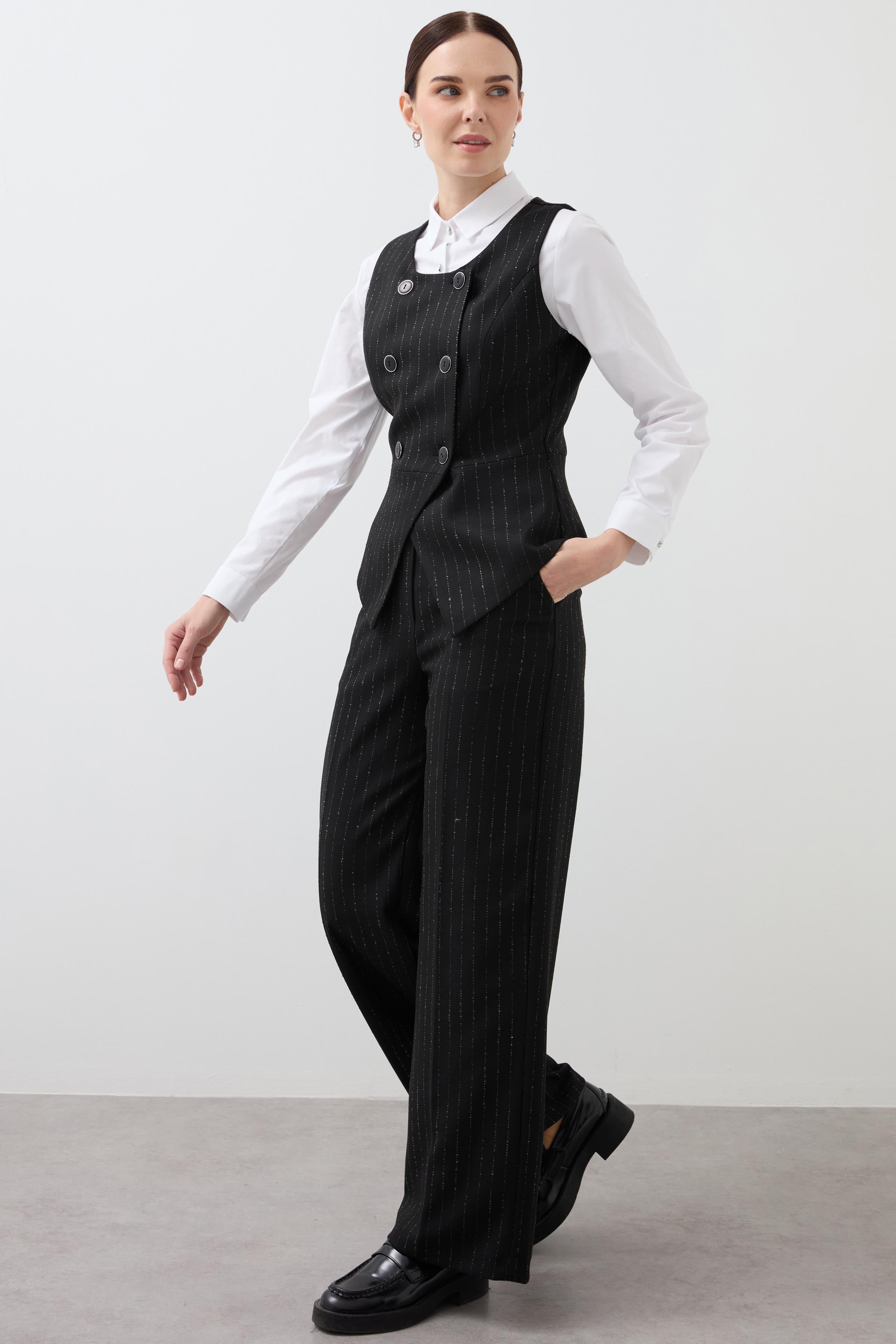 Double Breasted 4 Button Striped Vest - Black