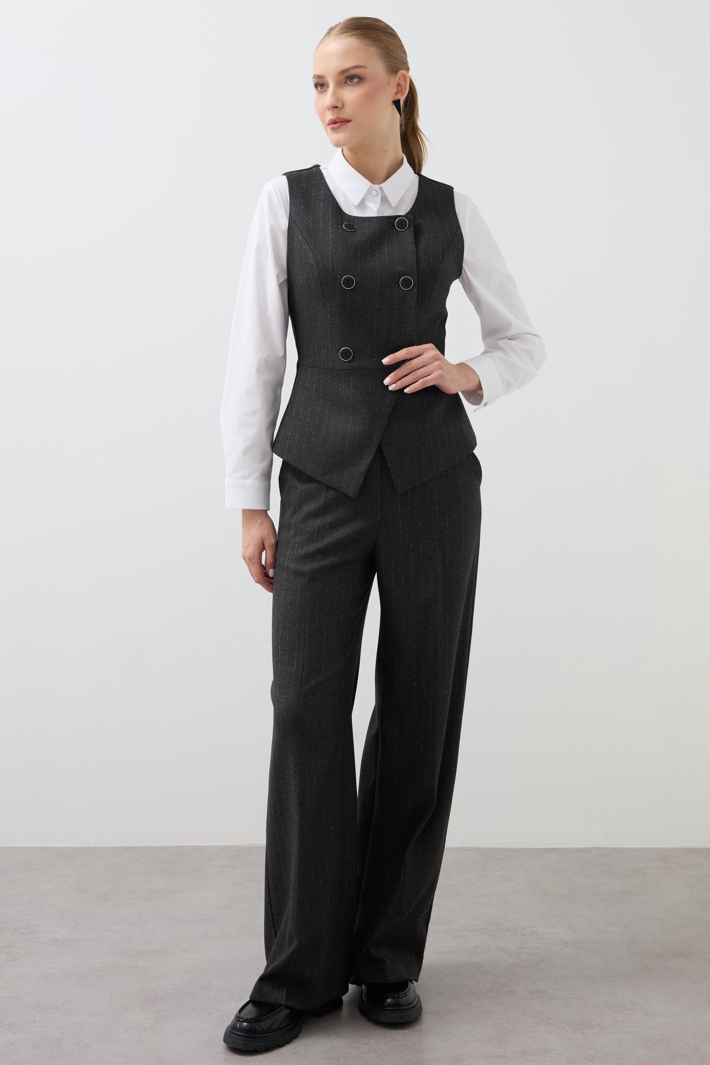 Double Breasted 4 Button Striped Vest - Anthracite