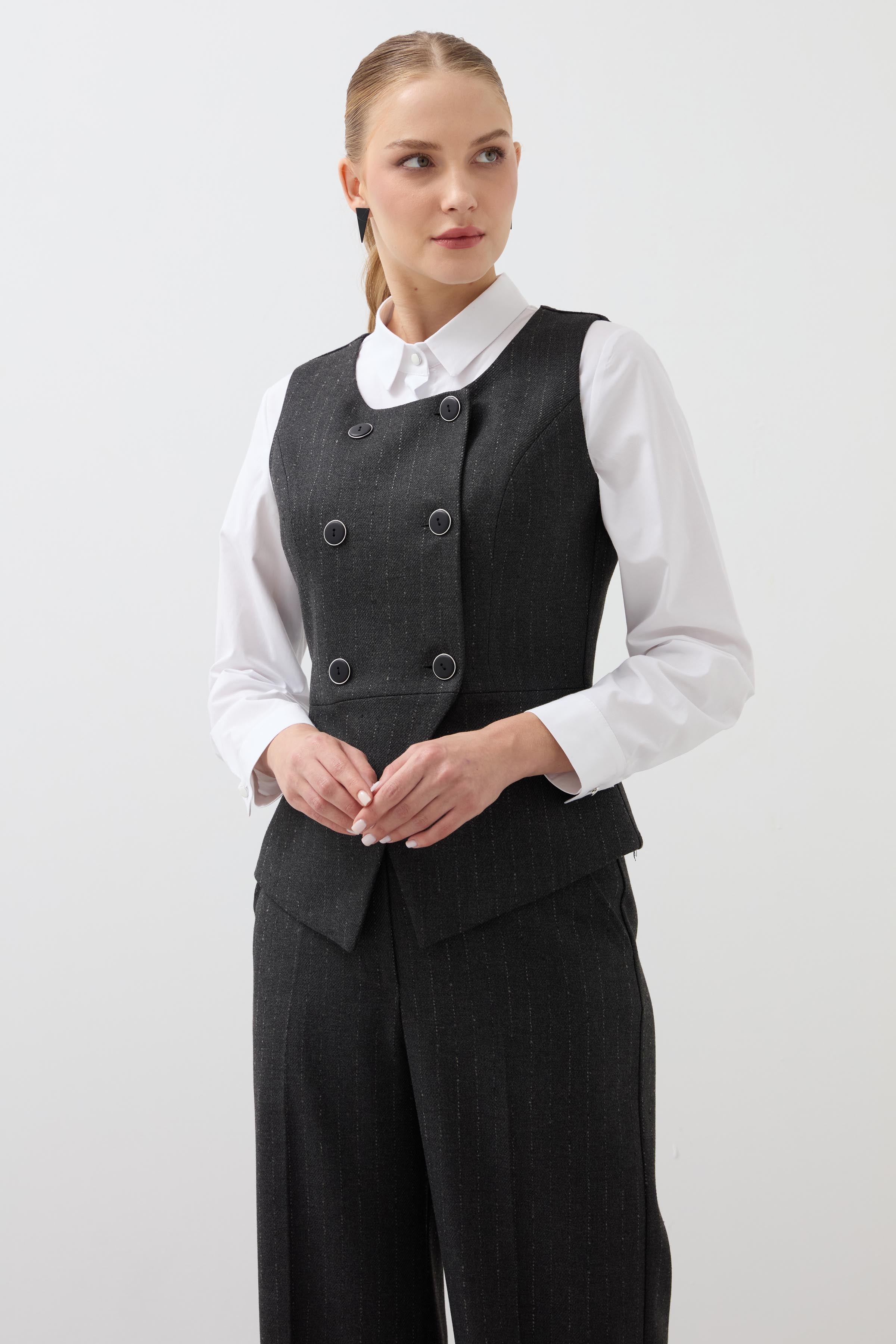 Double Breasted 4 Button Striped Vest - Anthracite