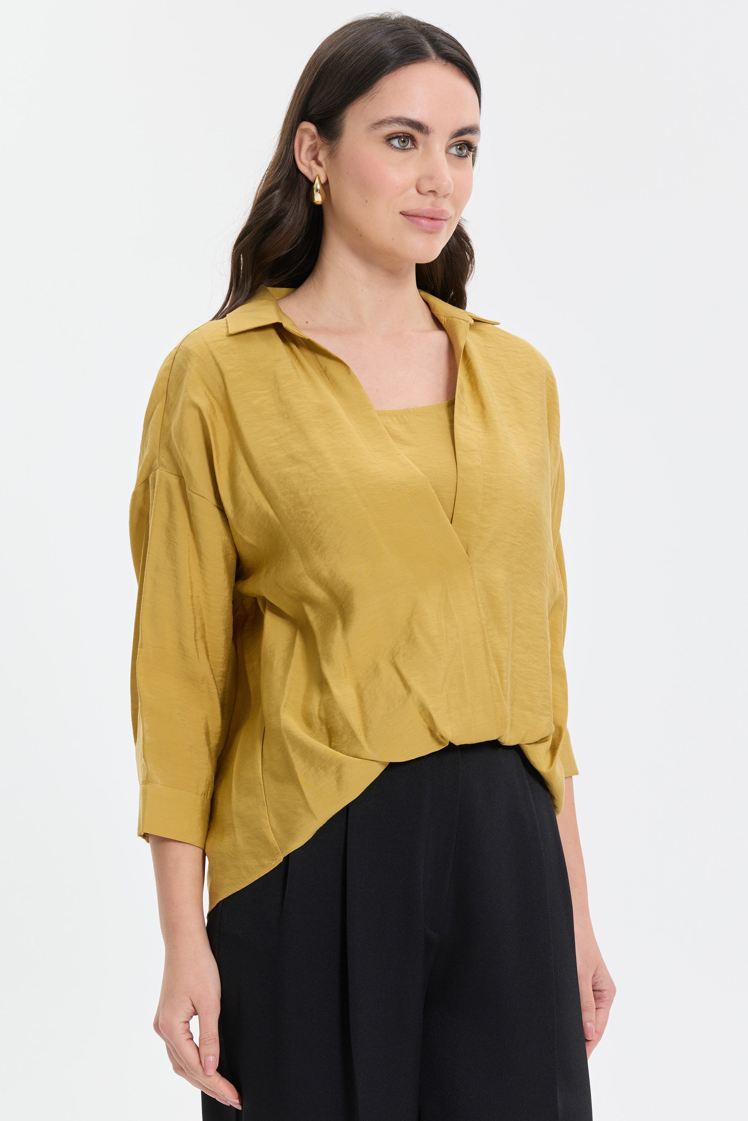 Dökümlü Gömlek Yaka Bluz - Sarı