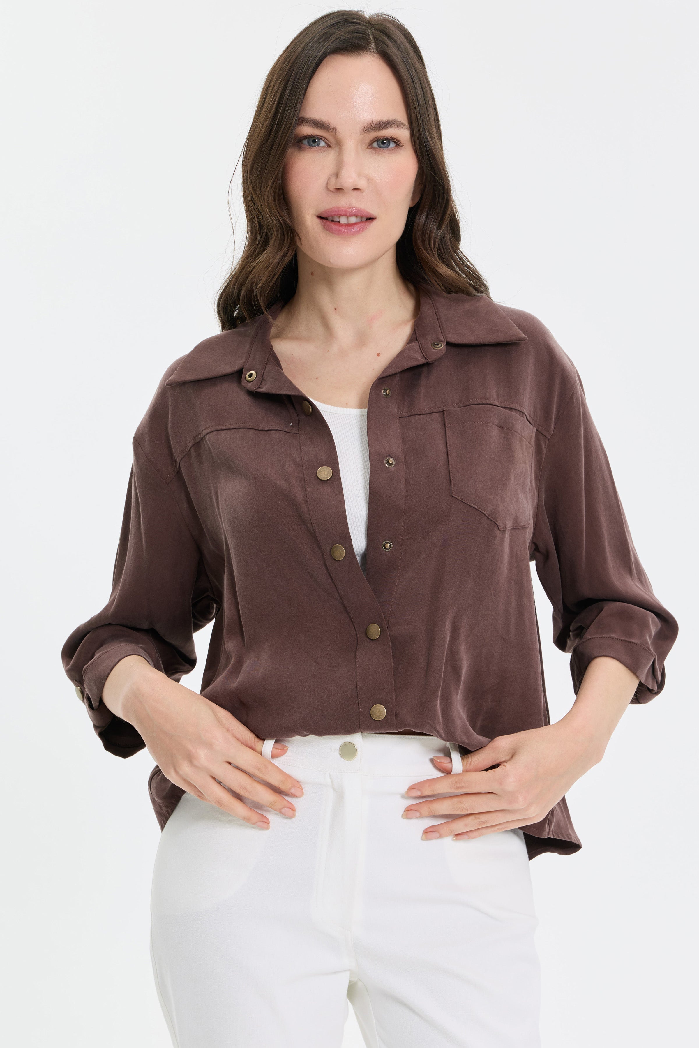 Çıtçıt Detaylı Oversize Gömlek & Atlet Takım - Kahve