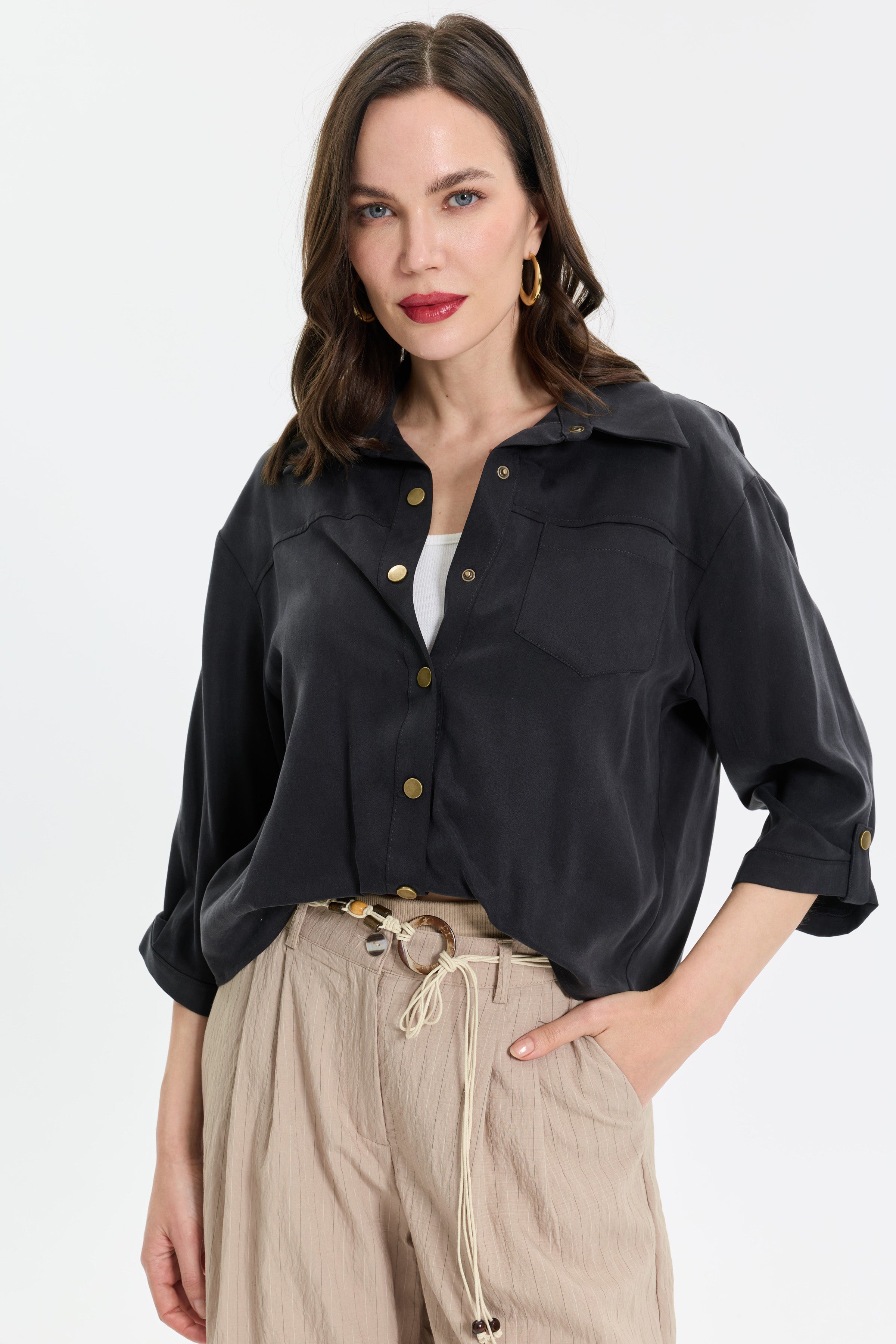 Çıtçıt Detaylı Oversize Gömlek & Atlet Takım - Siyah