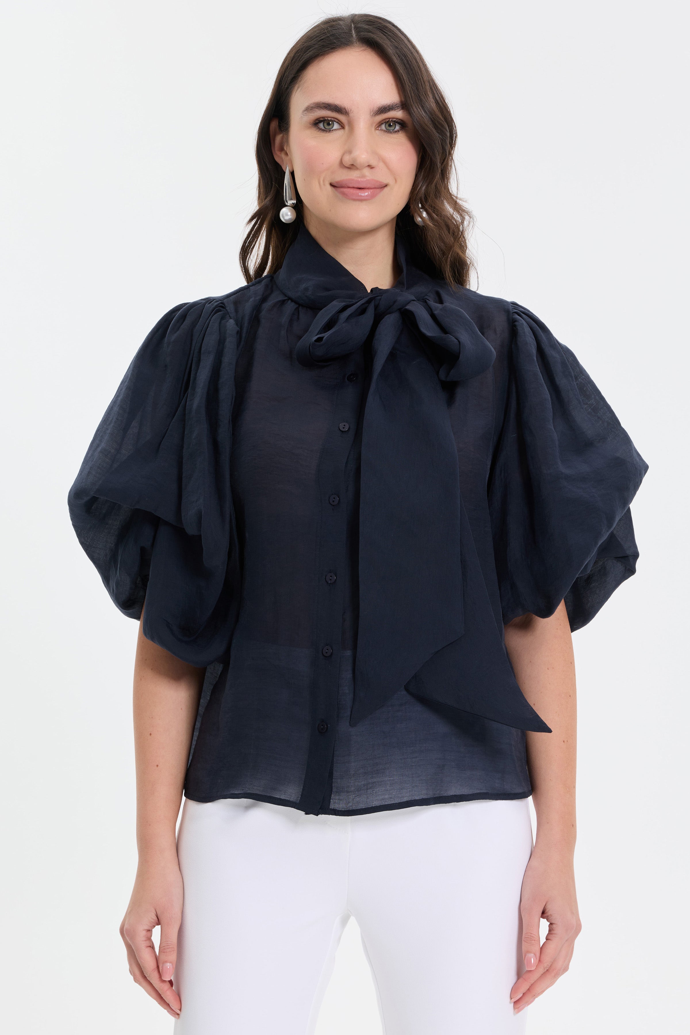 Fular Yaka Balon Kol Bluz - Lacivert