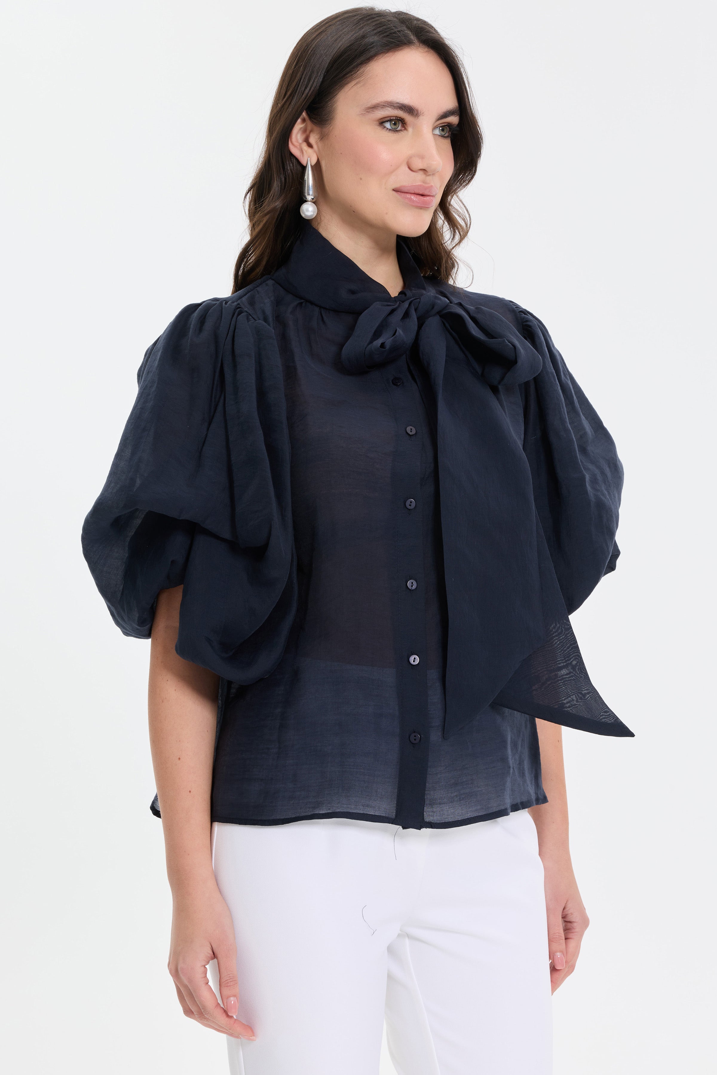 Fular Yaka Balon Kol Bluz - Lacivert