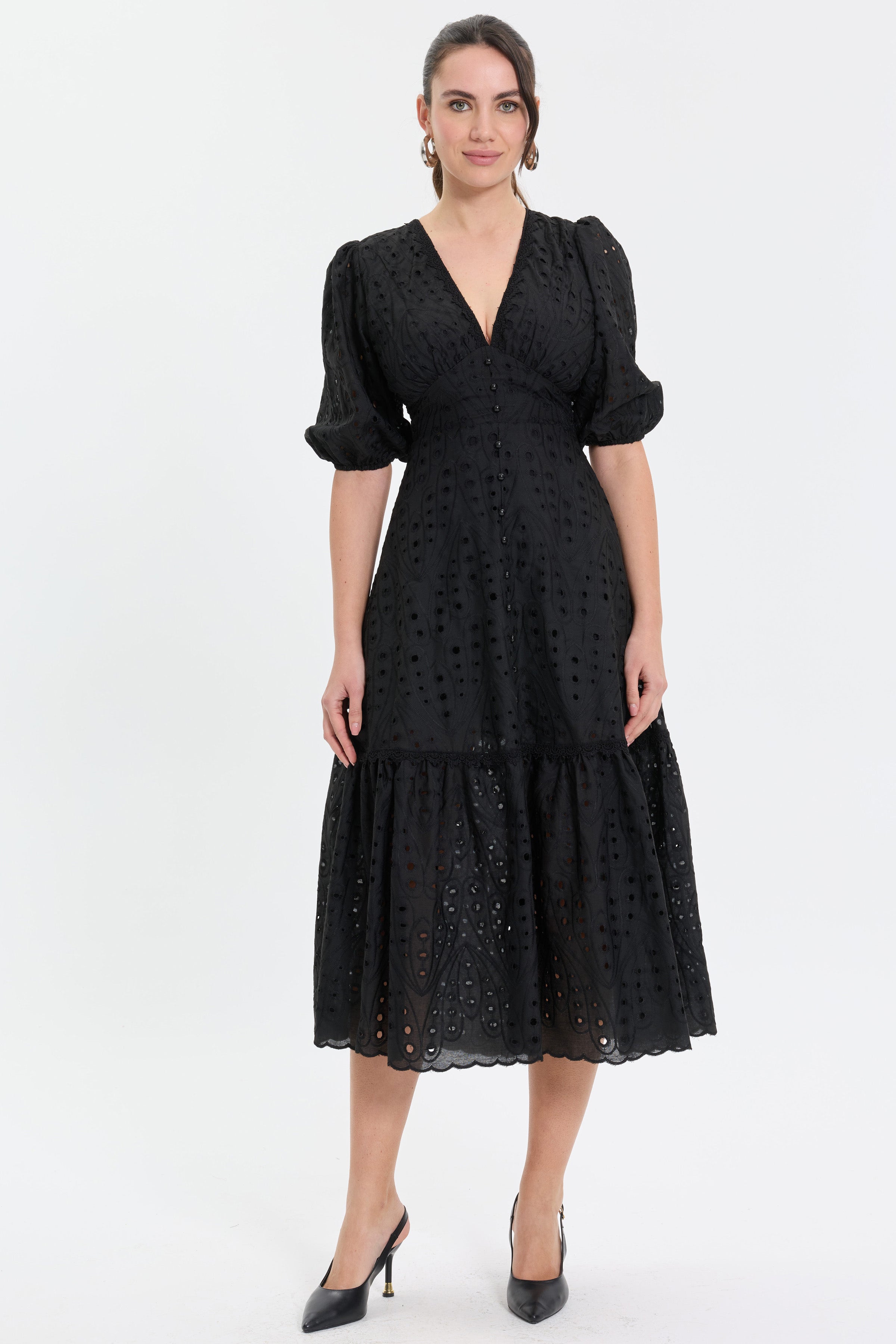 Brode V Yaka Midi Kadın Elbise - Siyah