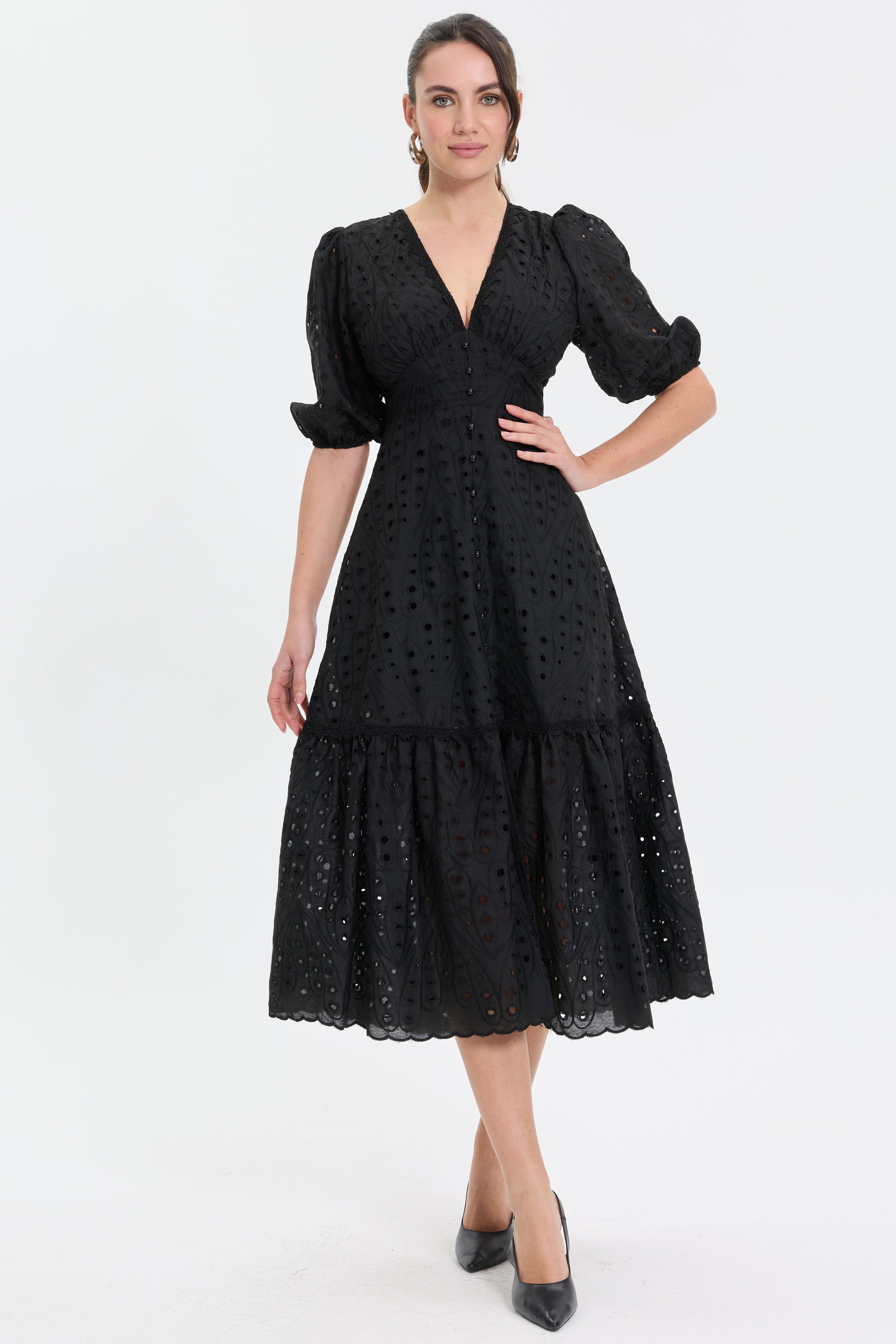 Brode V Yaka Midi Kadın Elbise - Siyah