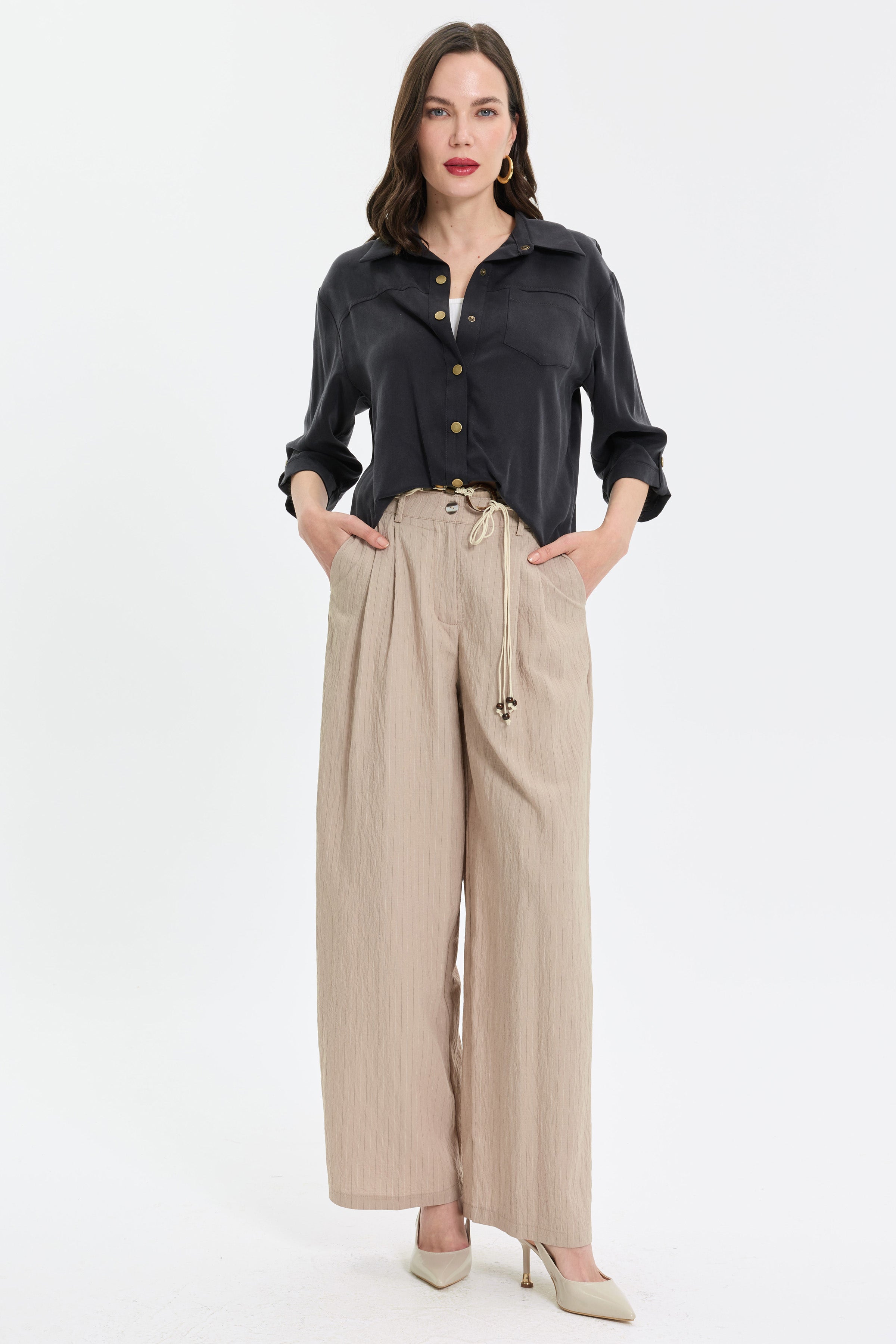 Çizgili İp Kemer Detaylı Pantolon - Bej