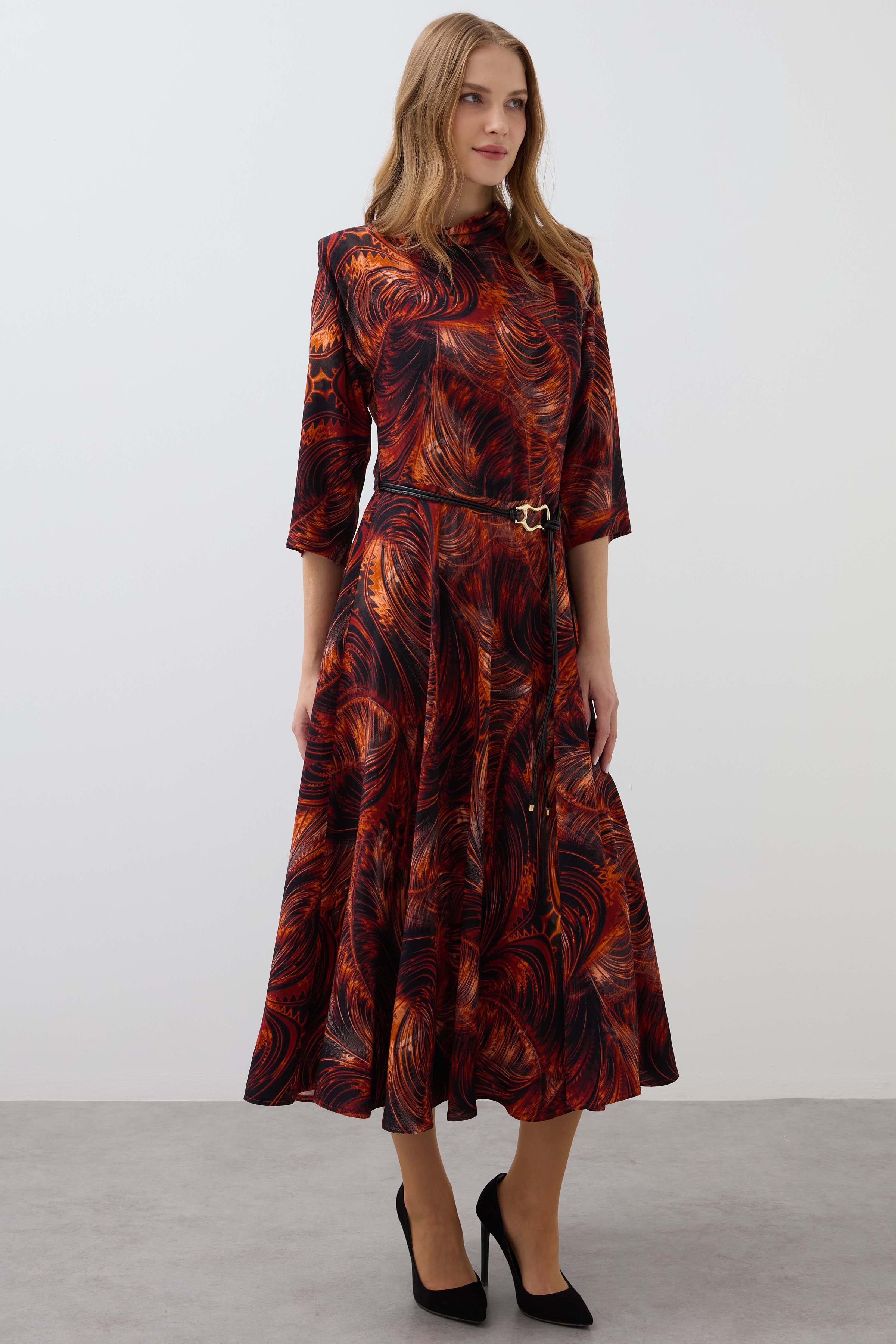 Flared Dress with Padded Collar Detail - Brick