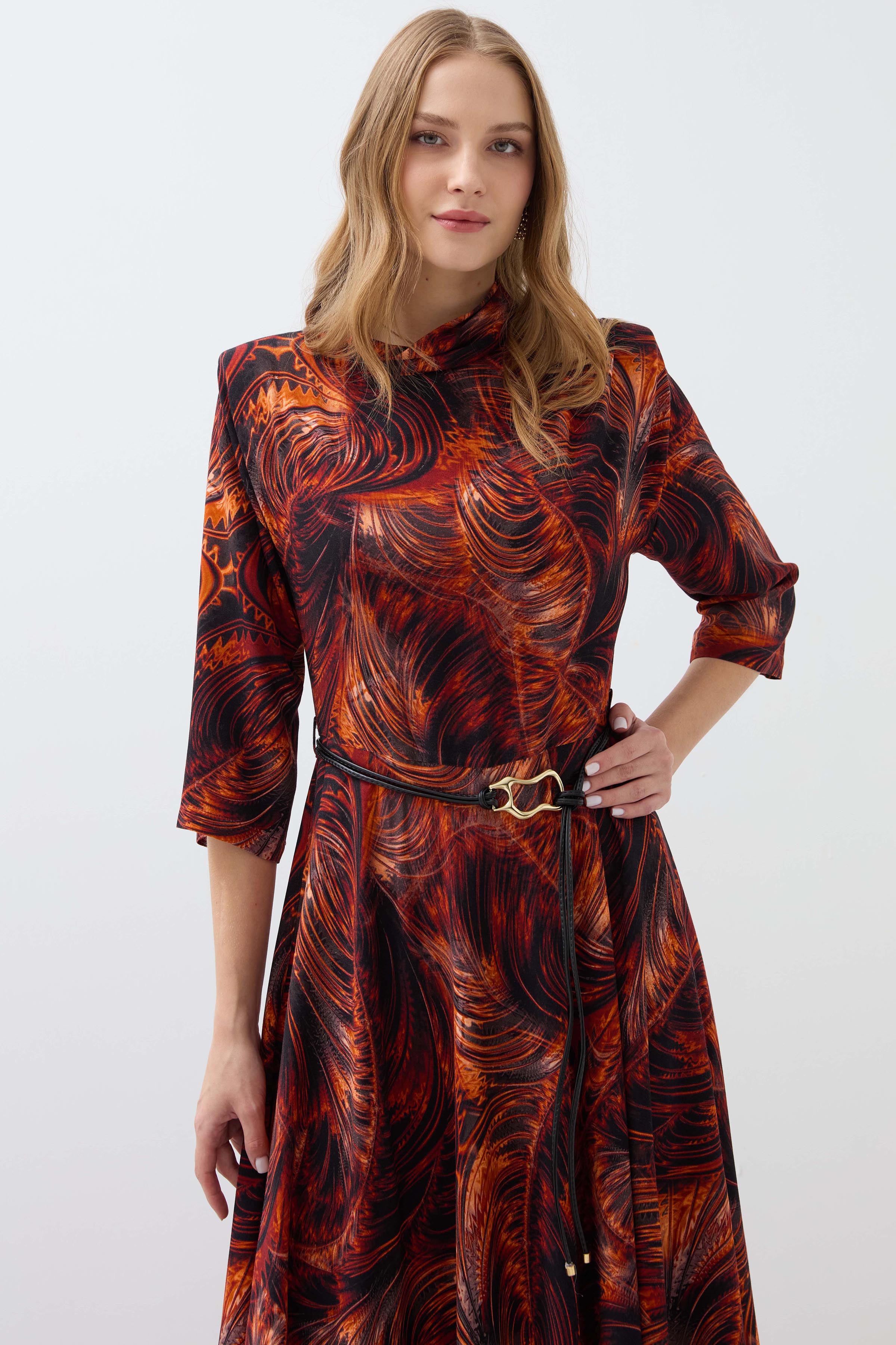 Flared Dress with Padded Collar Detail - Brick