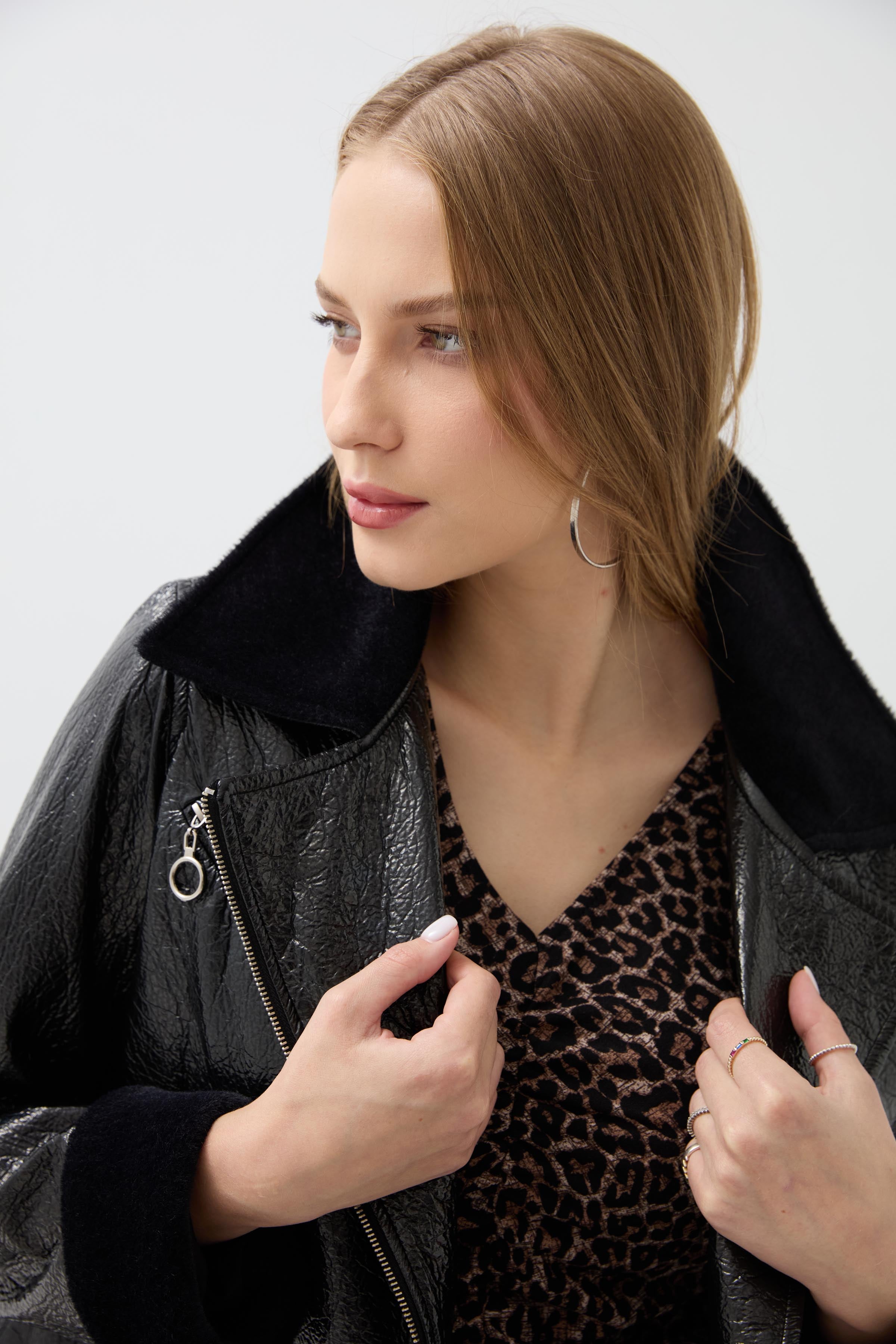 Fur Collar Patent Leather Coat - Black