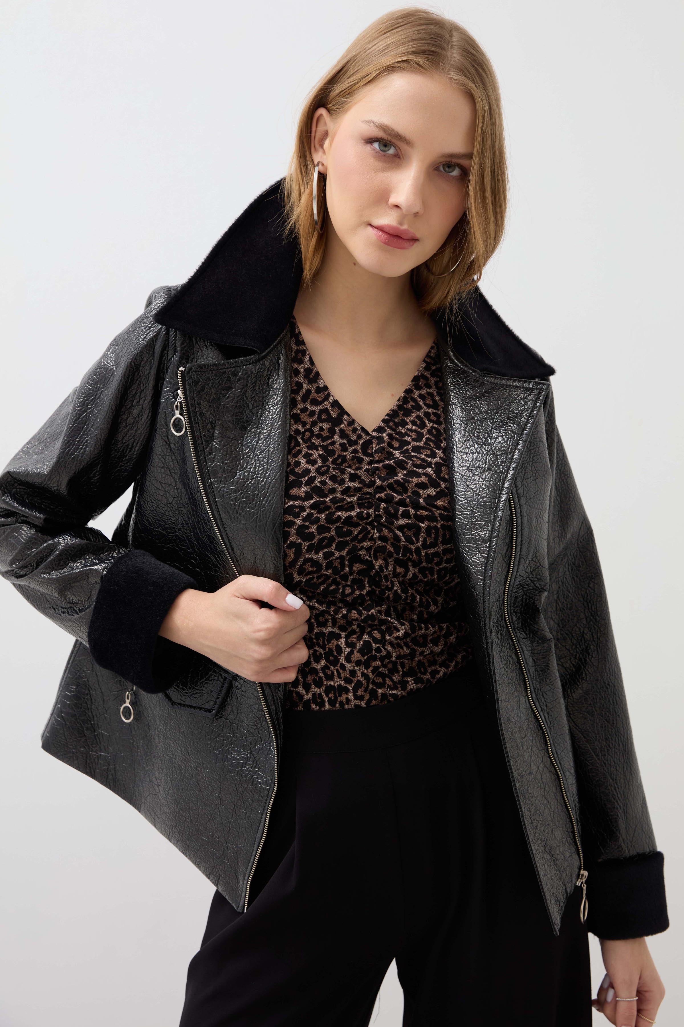Fur Collar Patent Leather Coat - Black