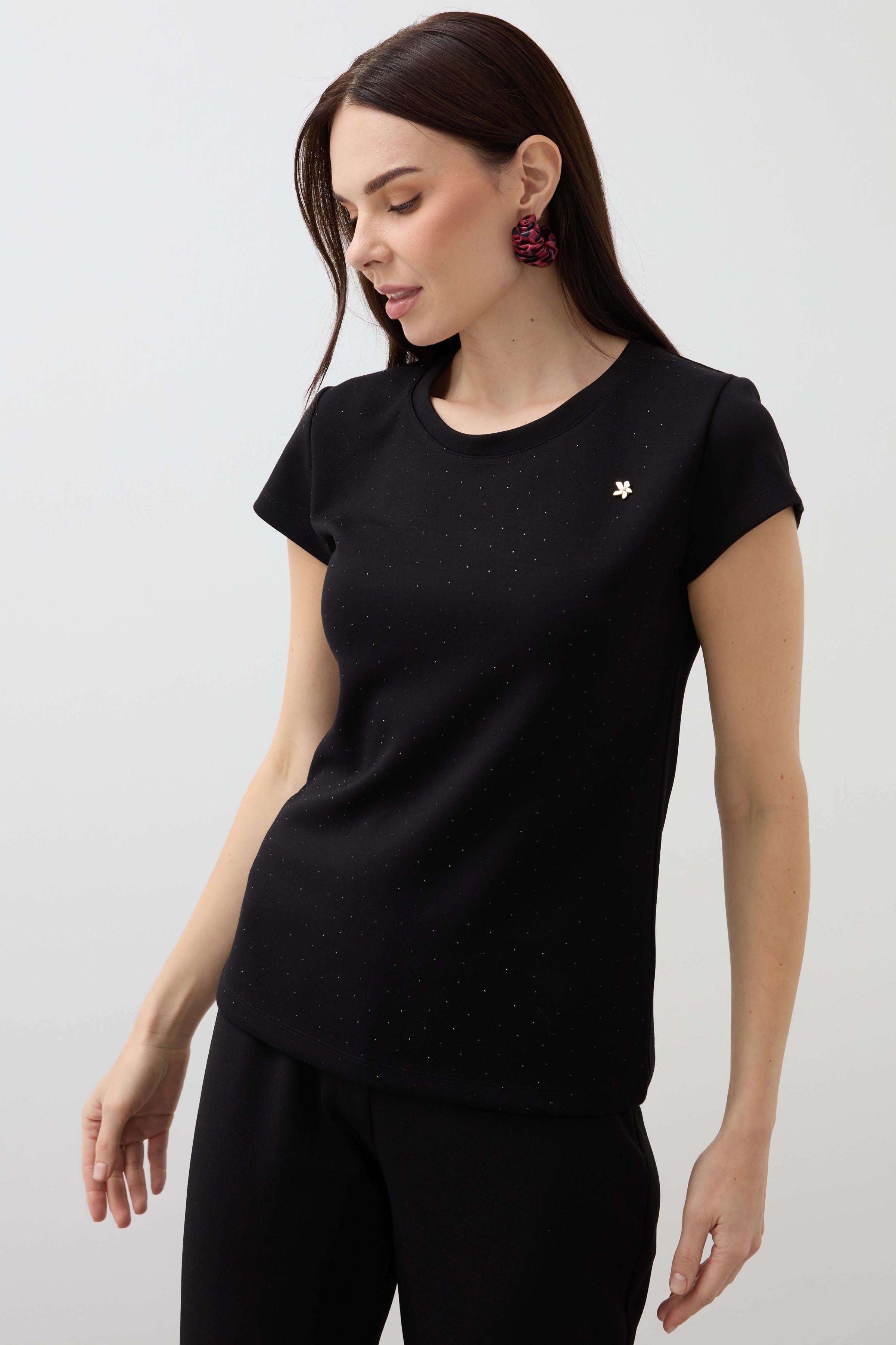 Zero Collar Moon Sleeve Stoned Blouse - Black