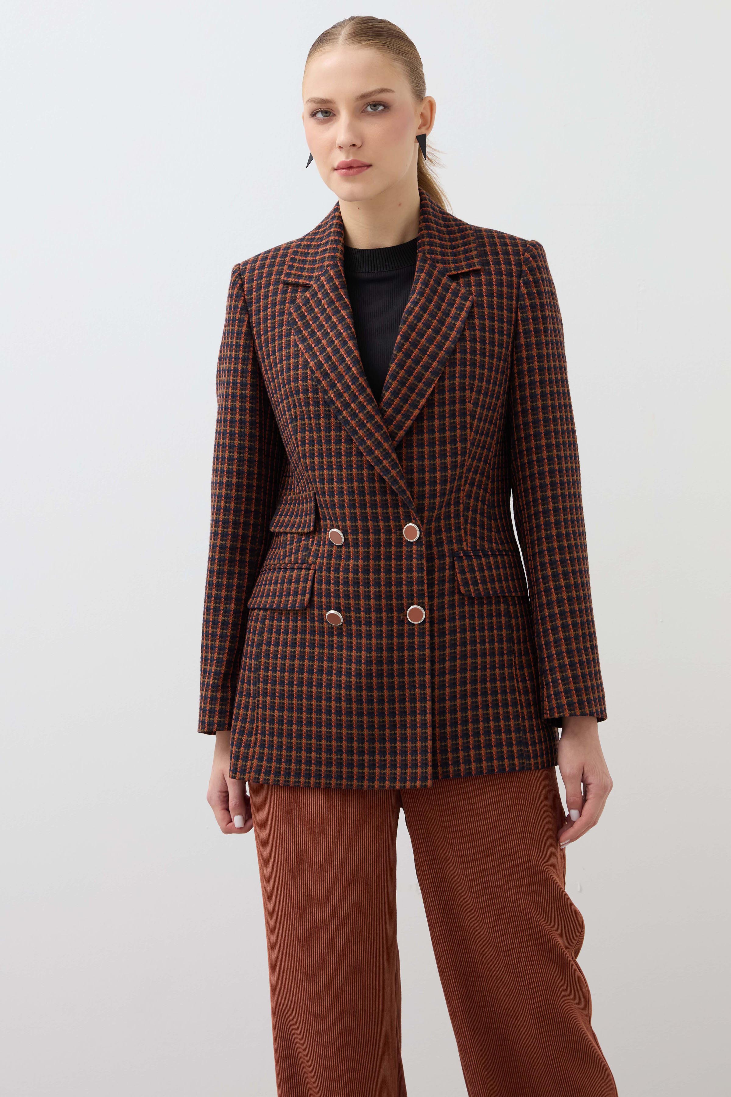Mono Collar Checkered Jacket - Brick