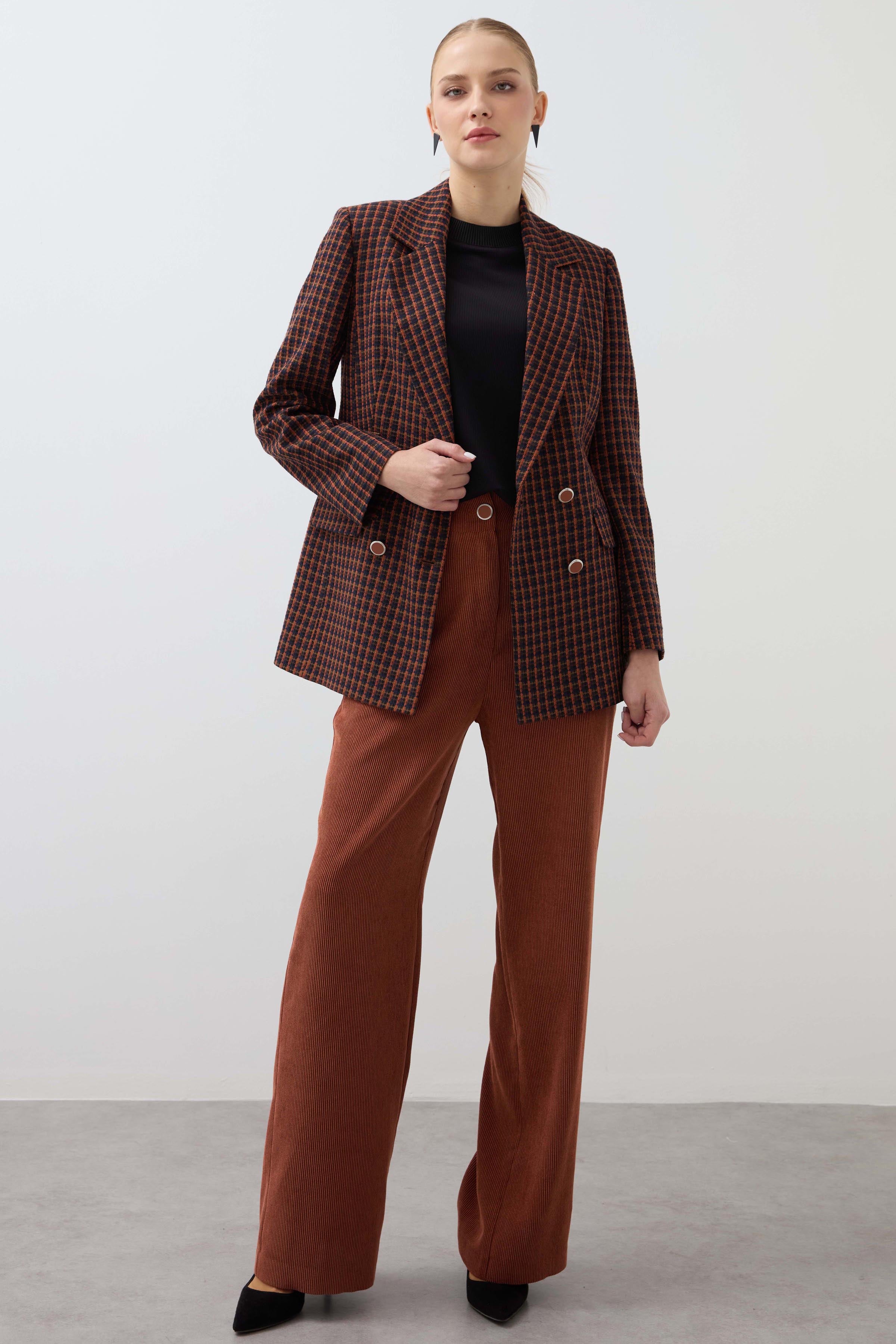Mono Collar Checkered Jacket - Brick