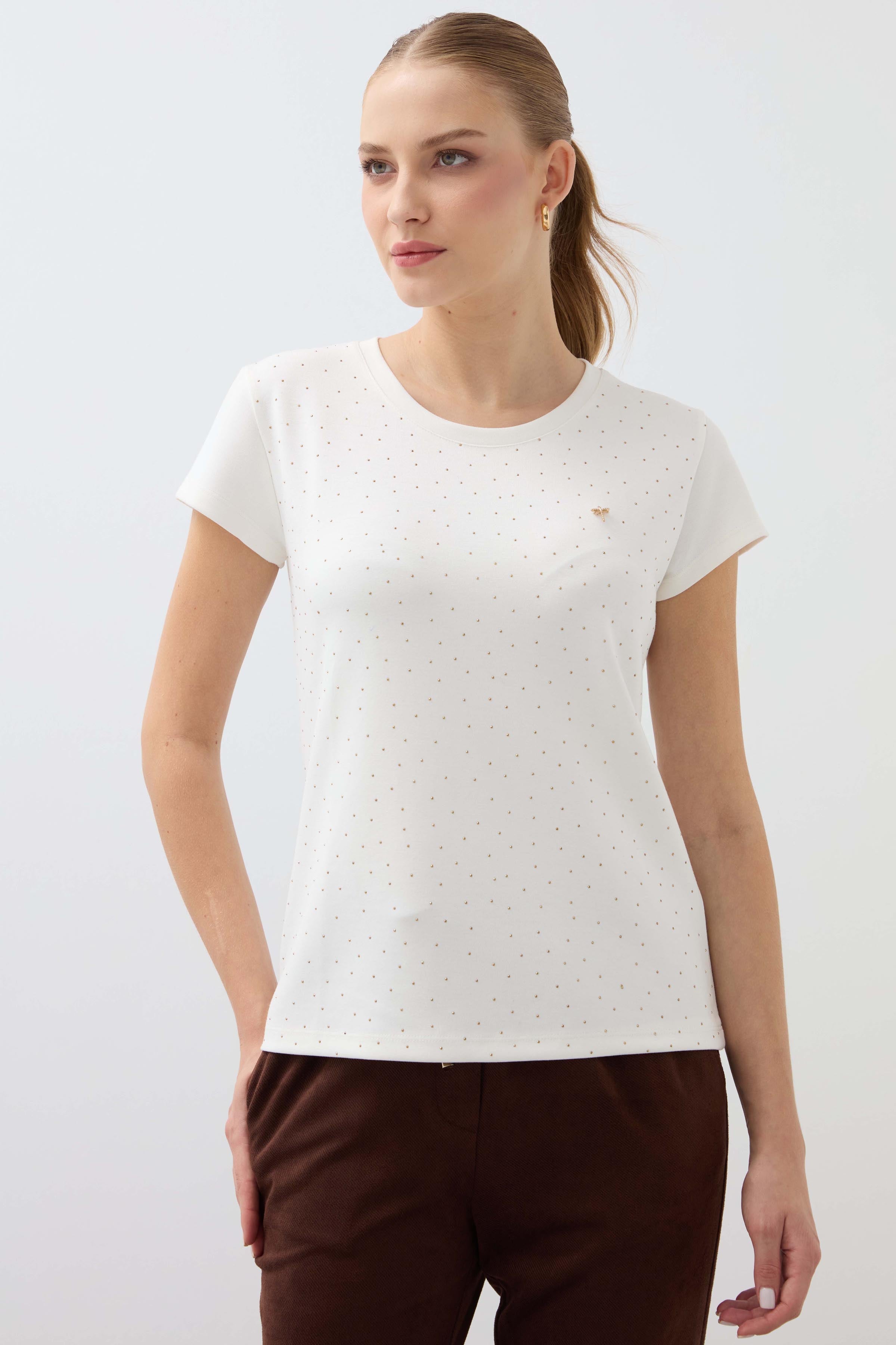 Crew Neck Moon Sleeve Stoned Blouse - Ecru