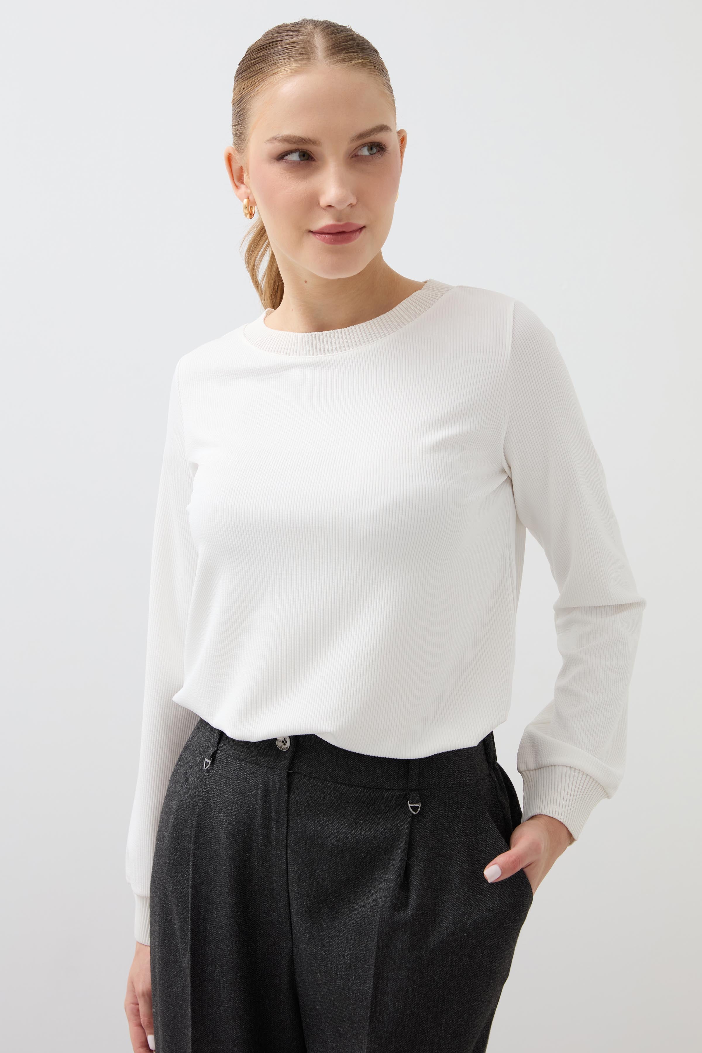 Crew Neck Long Sleeve Blouse - Ecru