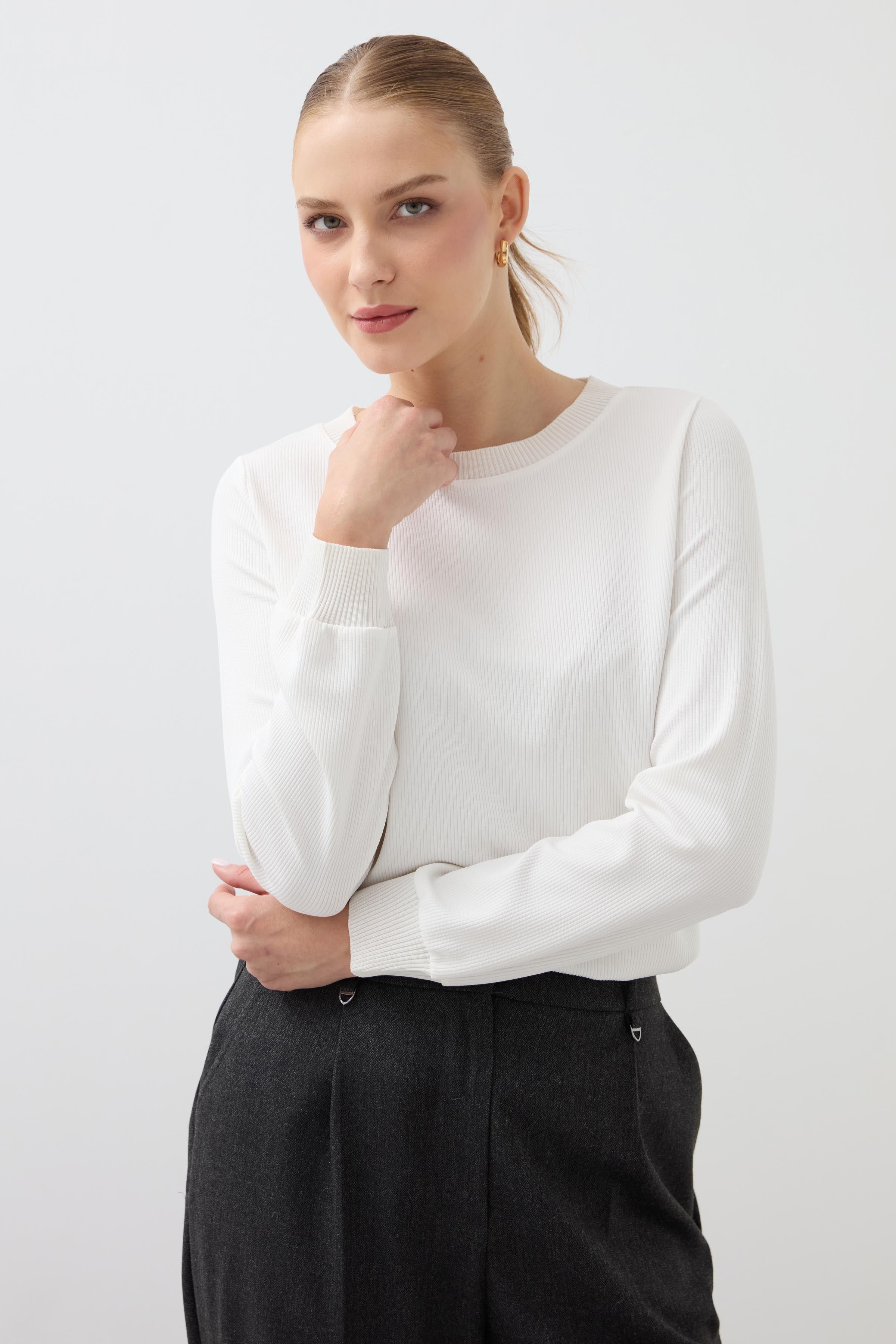 Crew Neck Long Sleeve Blouse - Ecru