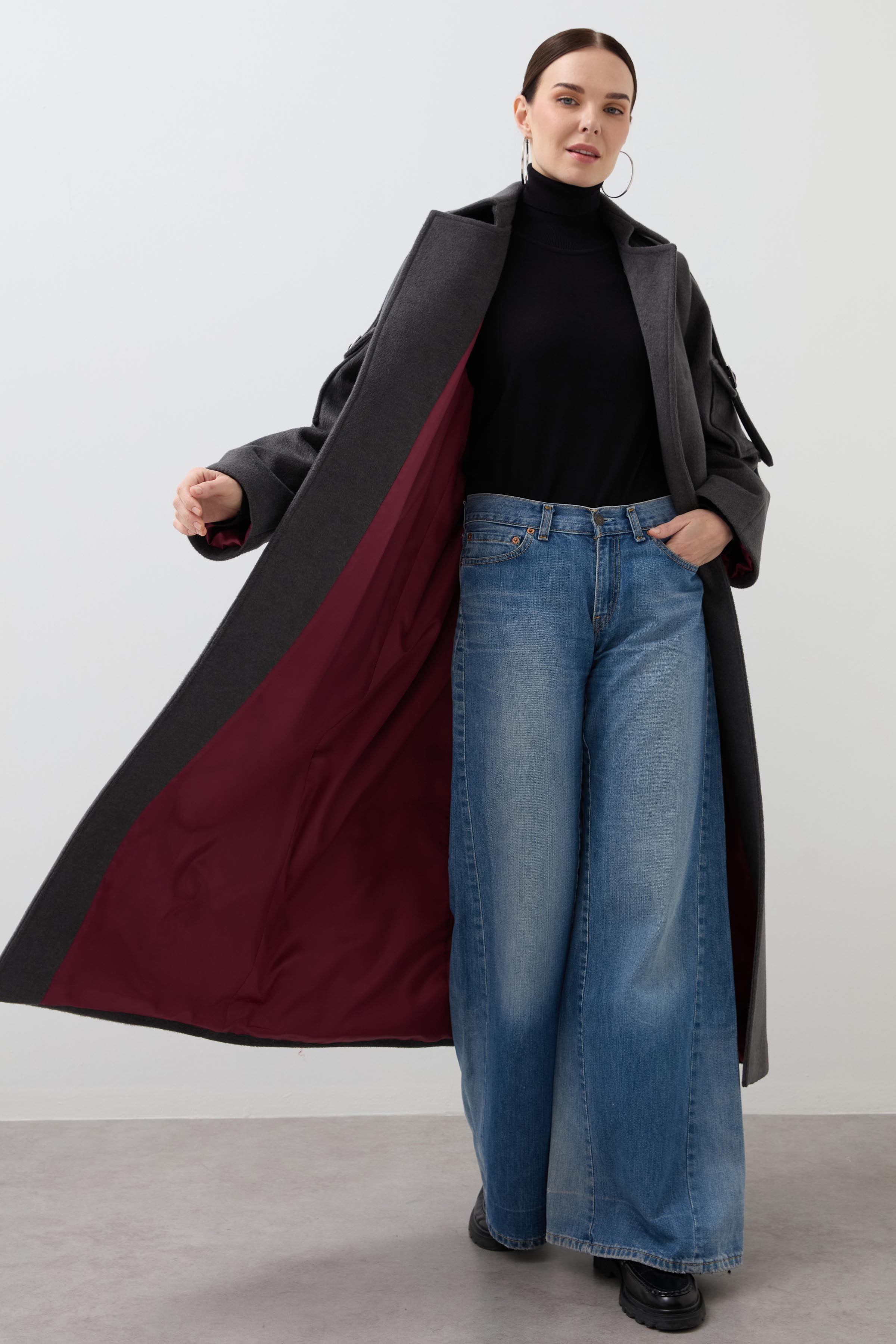 Raglan Sleeve Pocket Detailed Maxi Coat - Anthracite