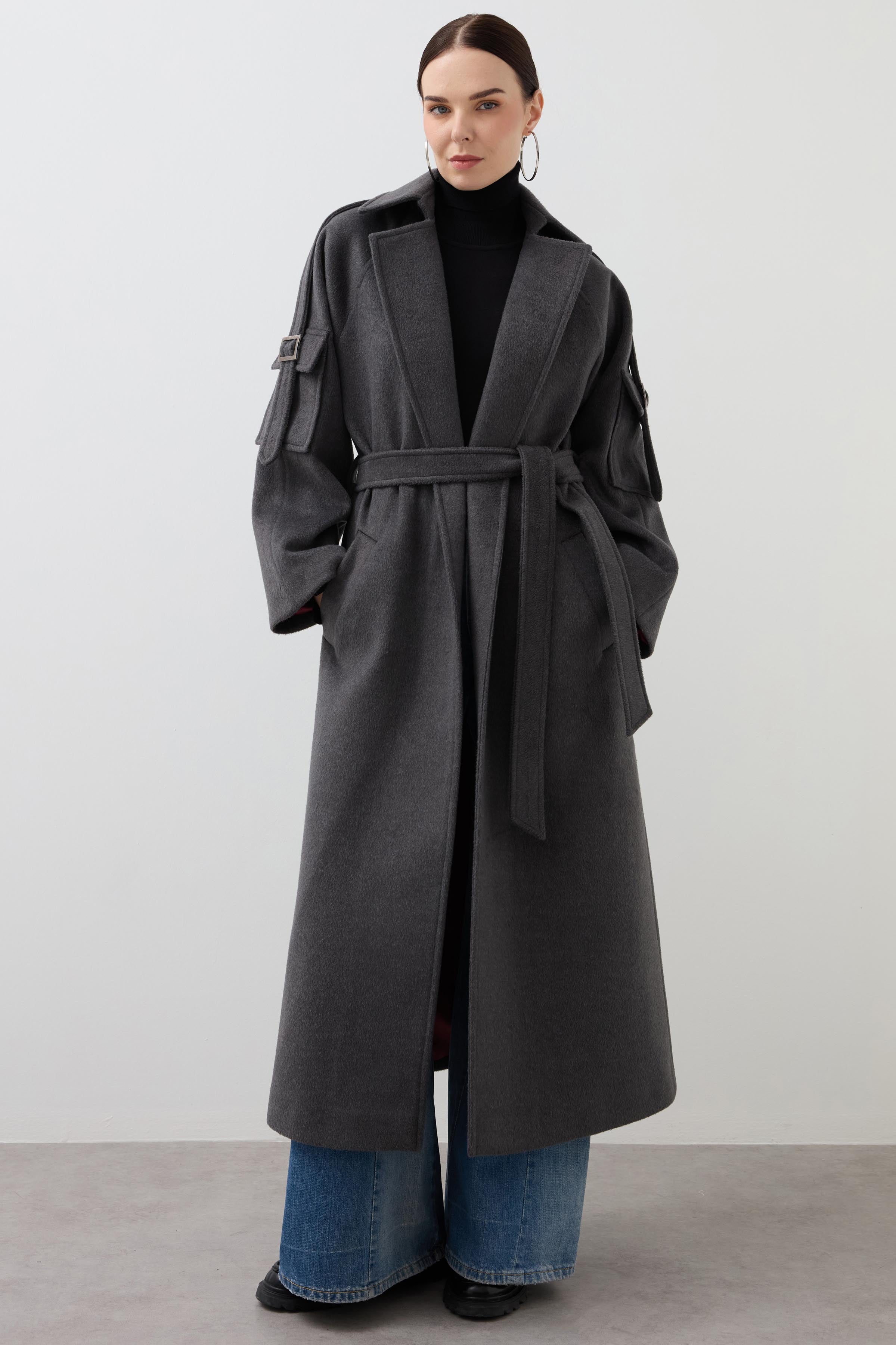 Raglan Sleeve Pocket Detailed Maxi Coat - Anthracite