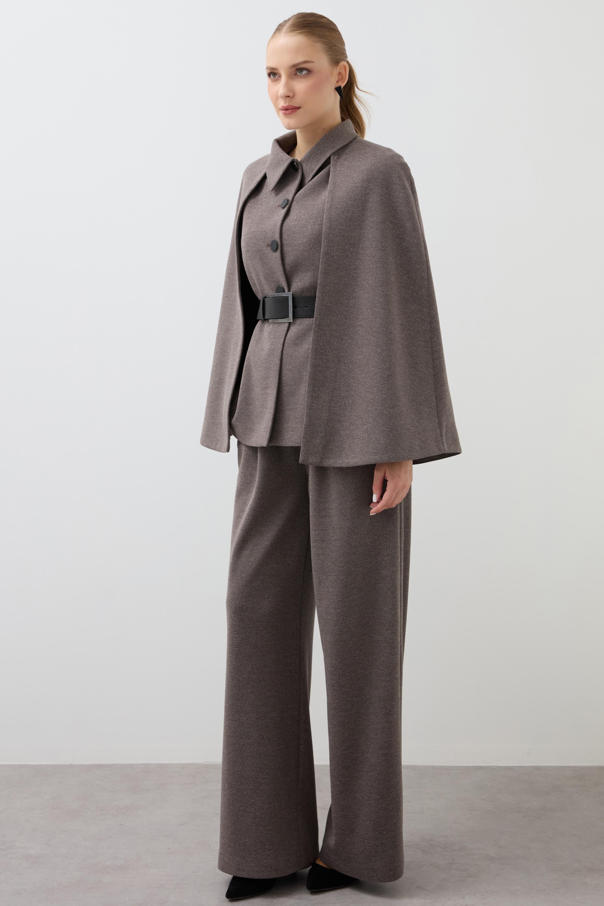 Pelerinli Yelekli 2li Takım - Vizon