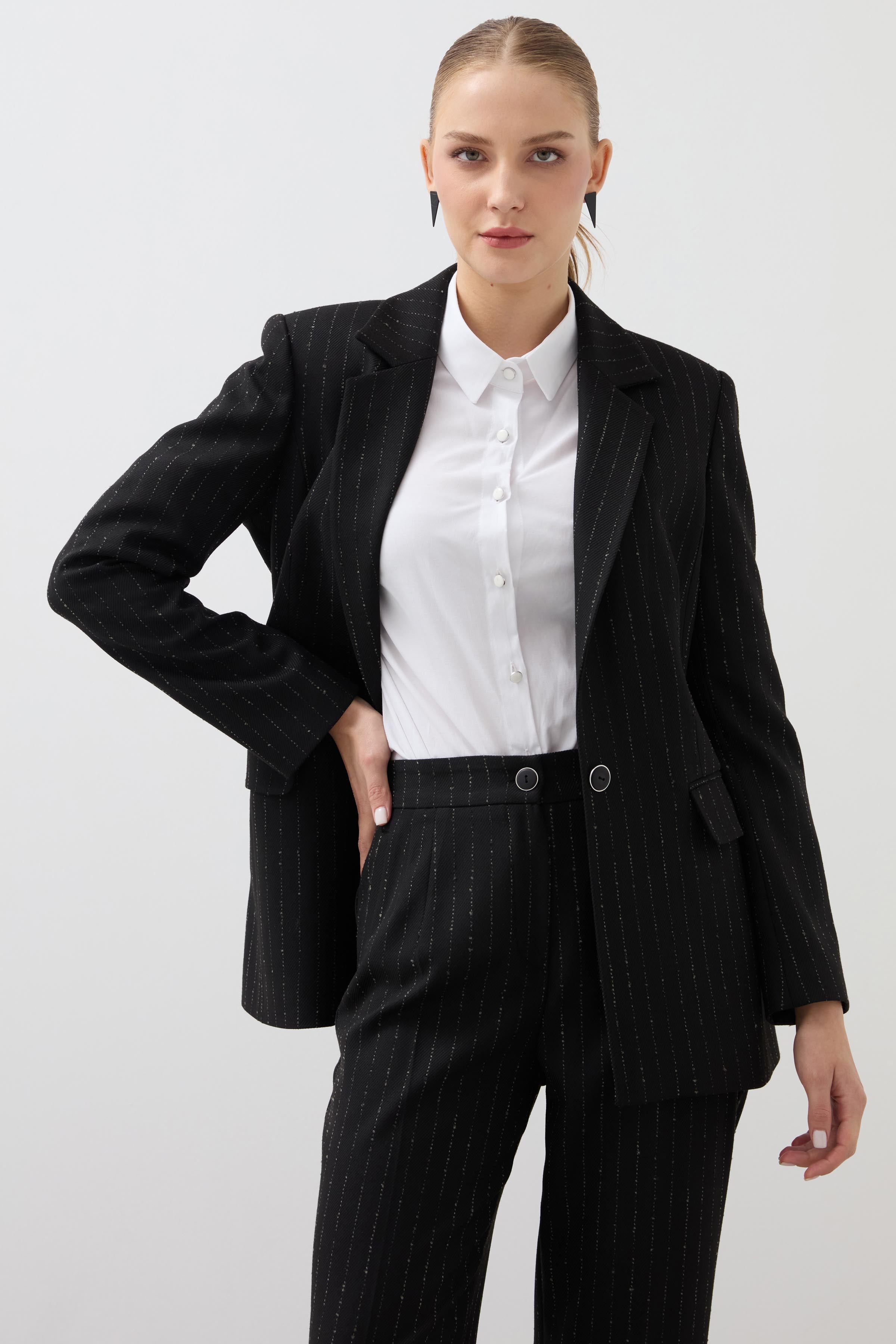 Mono Collar Striped Jacket - Black
