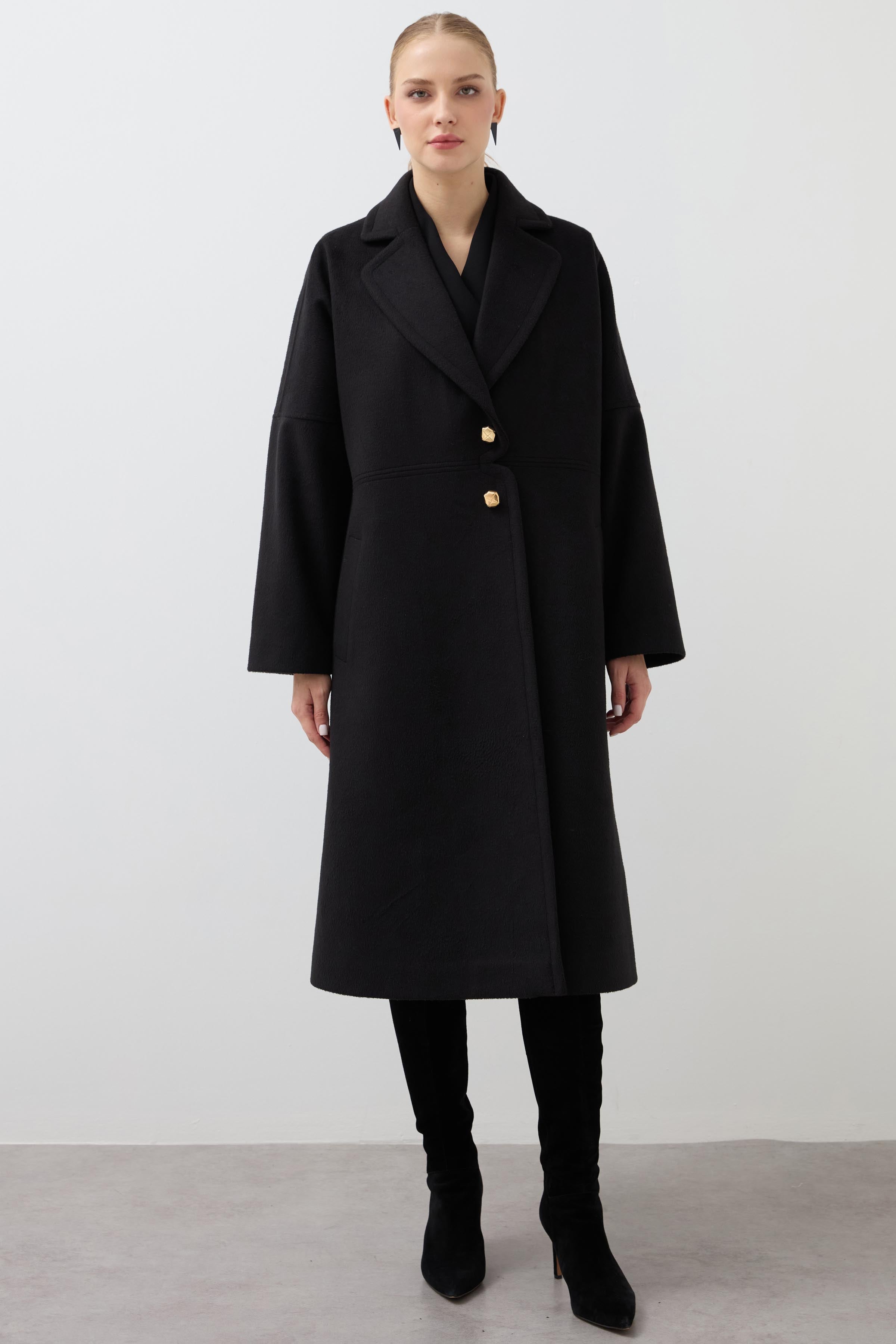 Mono Yaka Uzun Salaş Kaşe Kaban - Siyah