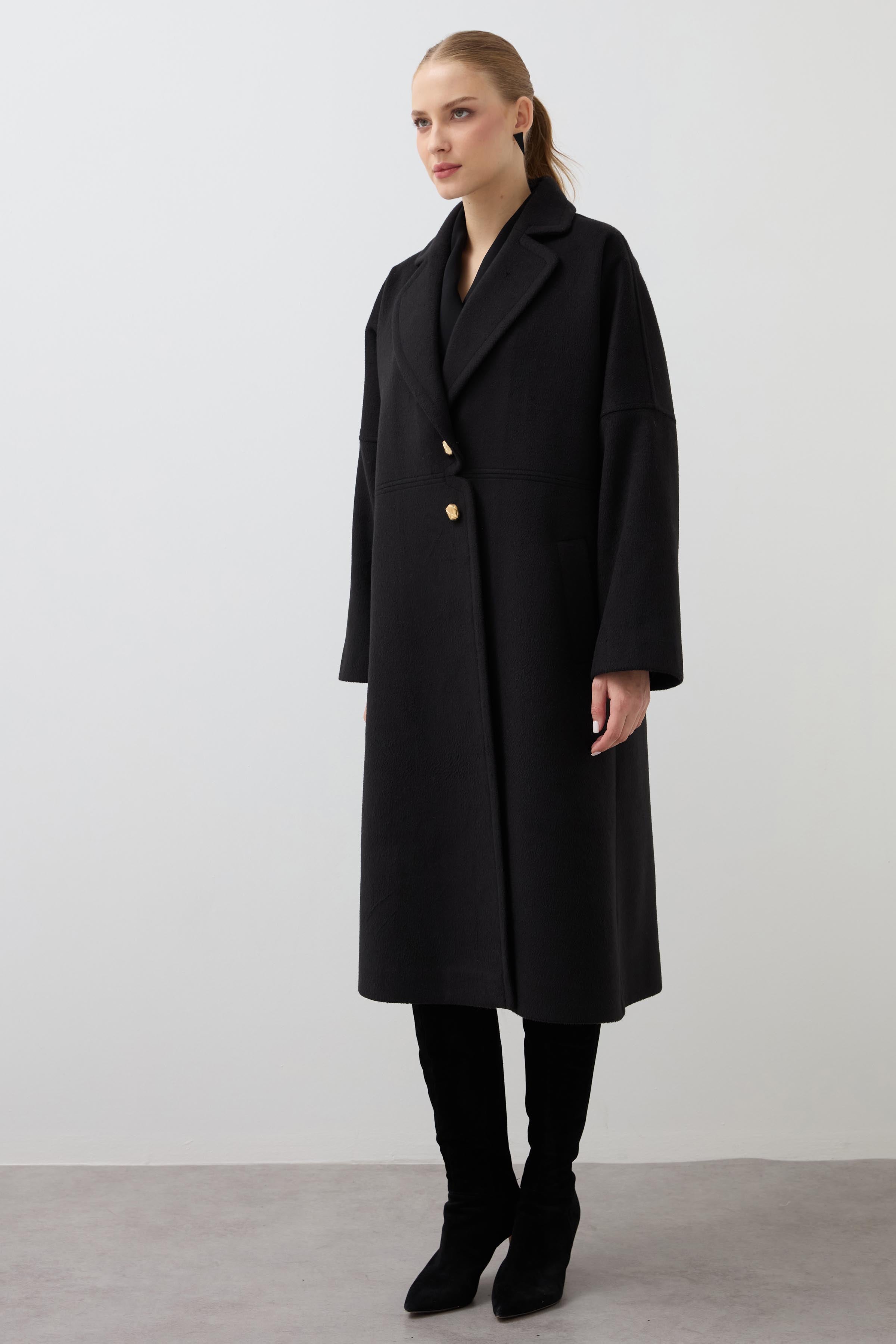 Mono Yaka Uzun Salaş Kaşe Kaban - Siyah