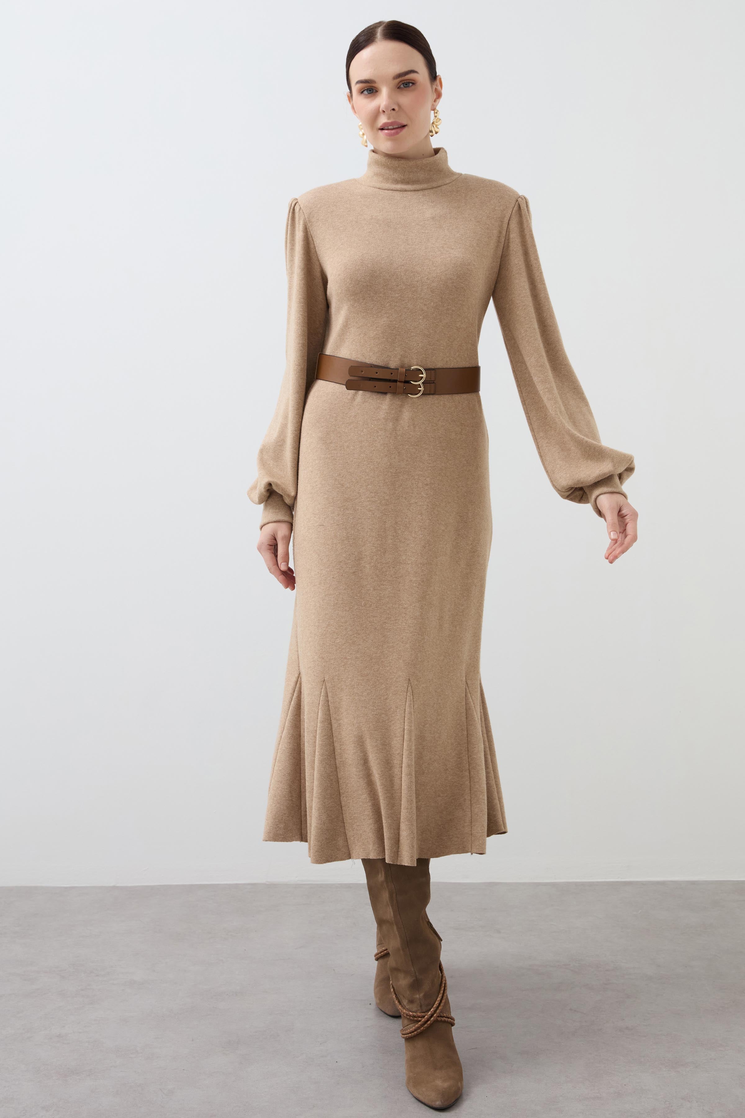 Knitted Dress with Flounce Skirt - Camel