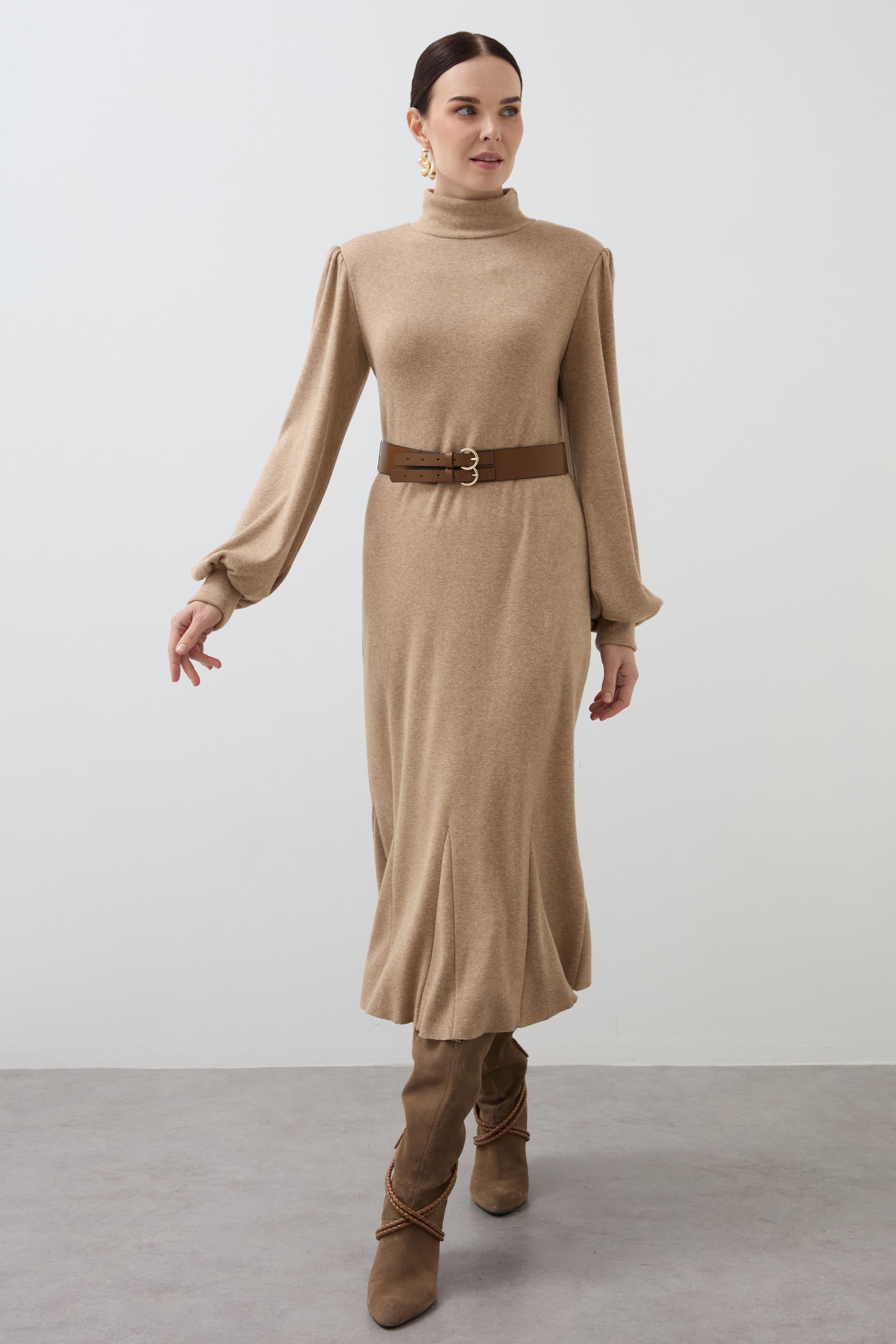Knitted Dress with Flounce Skirt - Camel