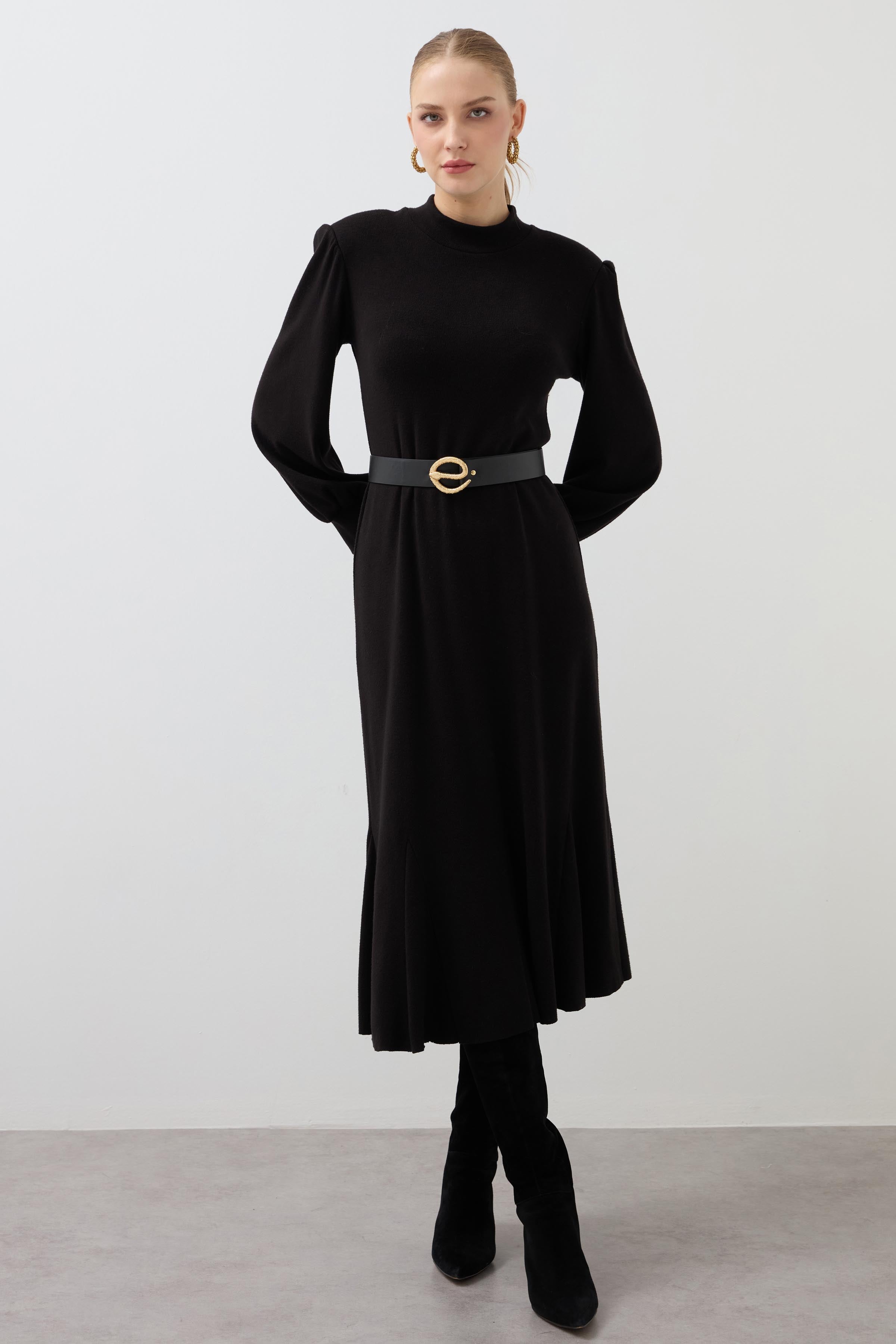 Knitted Dress with Flounce Skirt - Black