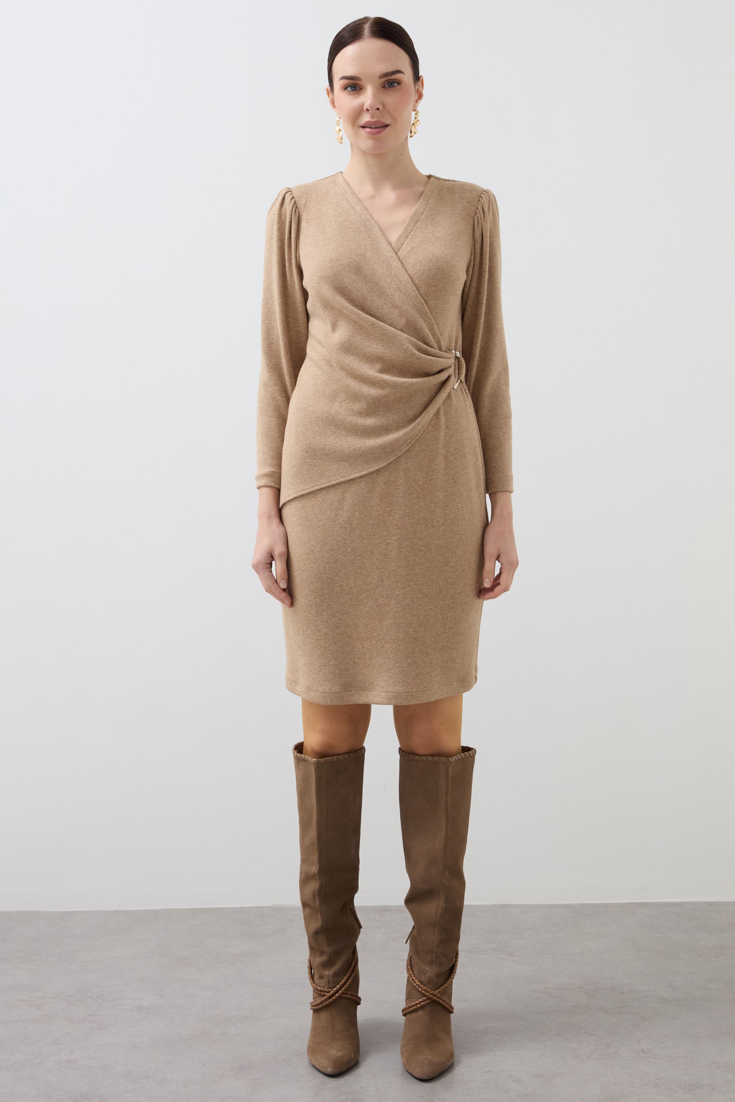 Double-Breasted Knit Dress - Camel