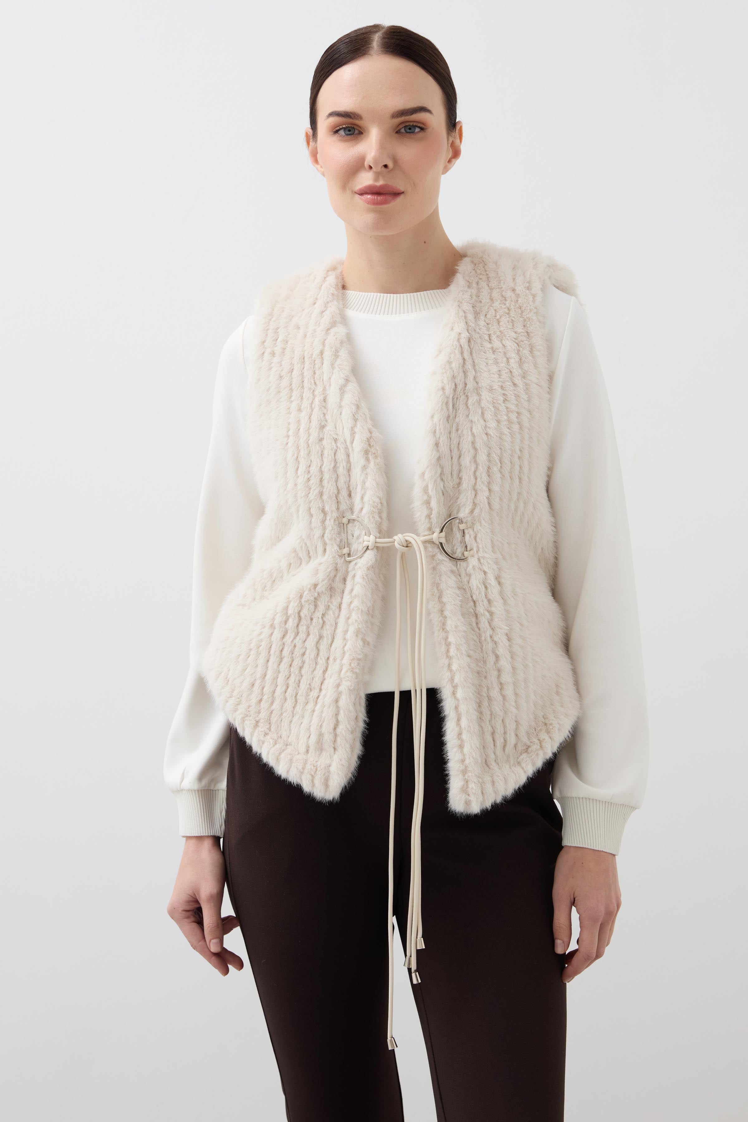 Fur Short Vest Striped - Ecru