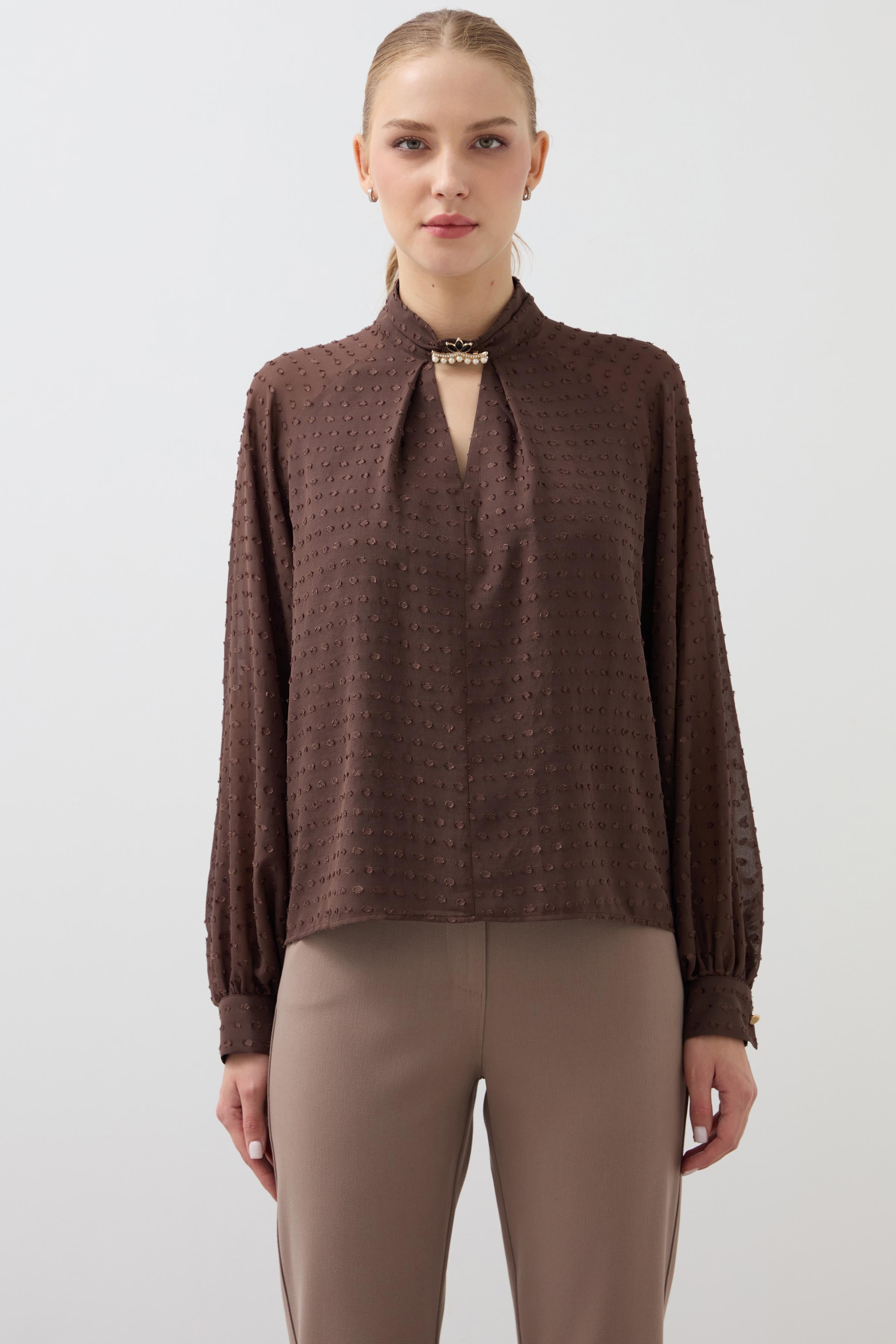 Drop Collar Buckle Detailed Blouse - Brown