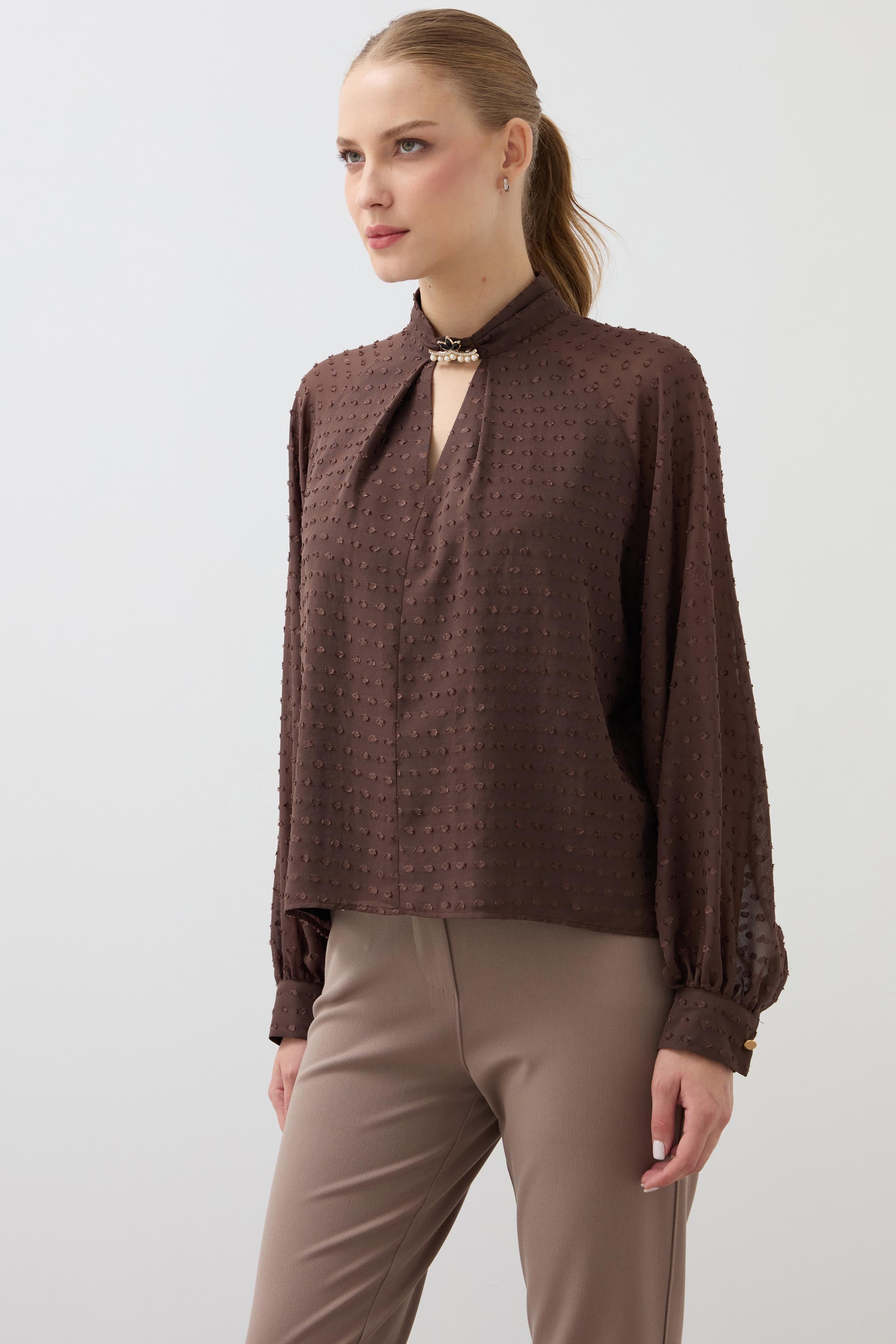 Drop Collar Buckle Detailed Blouse - Brown