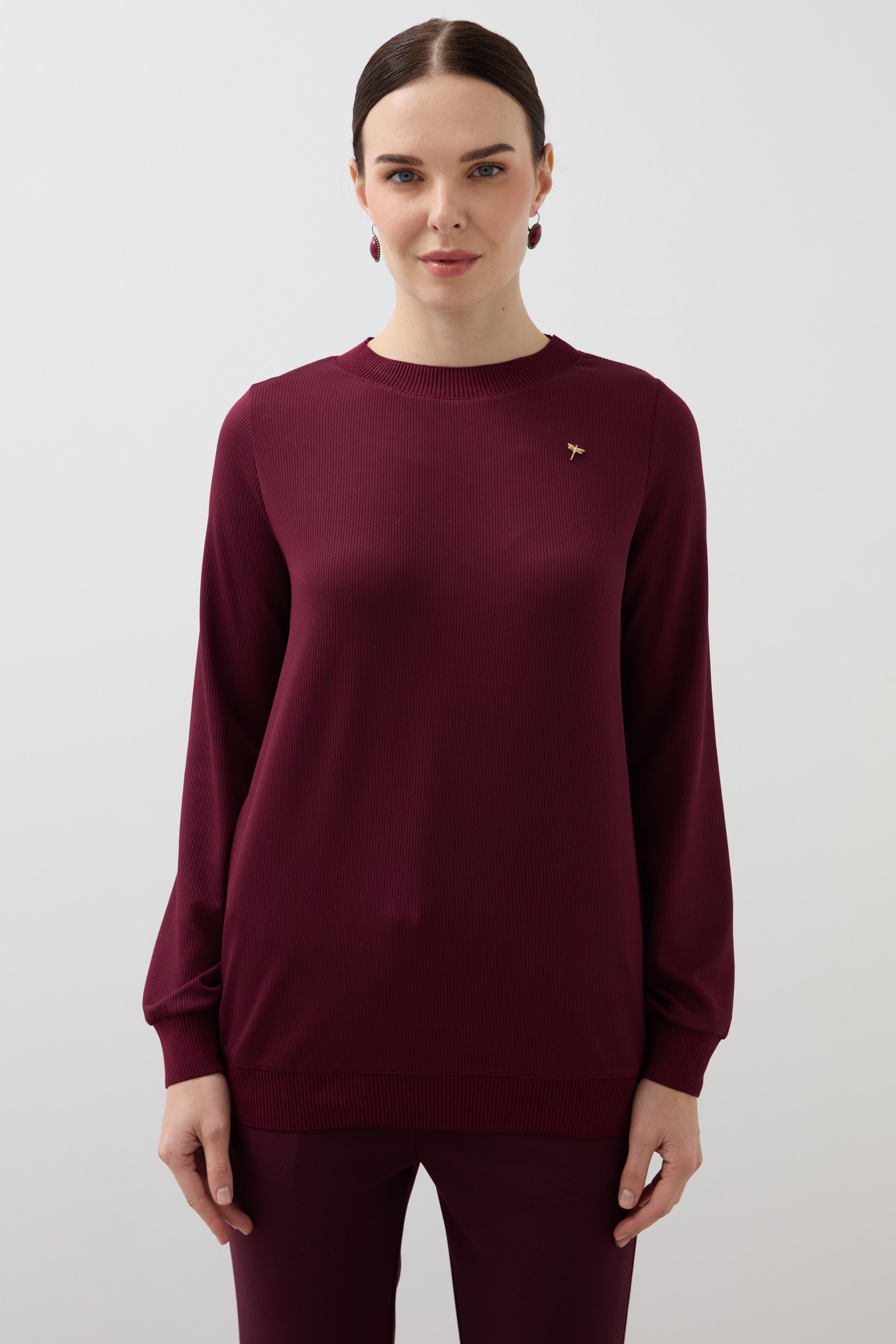 Crew Neck Long Sleeve Blouse - Burgundy
