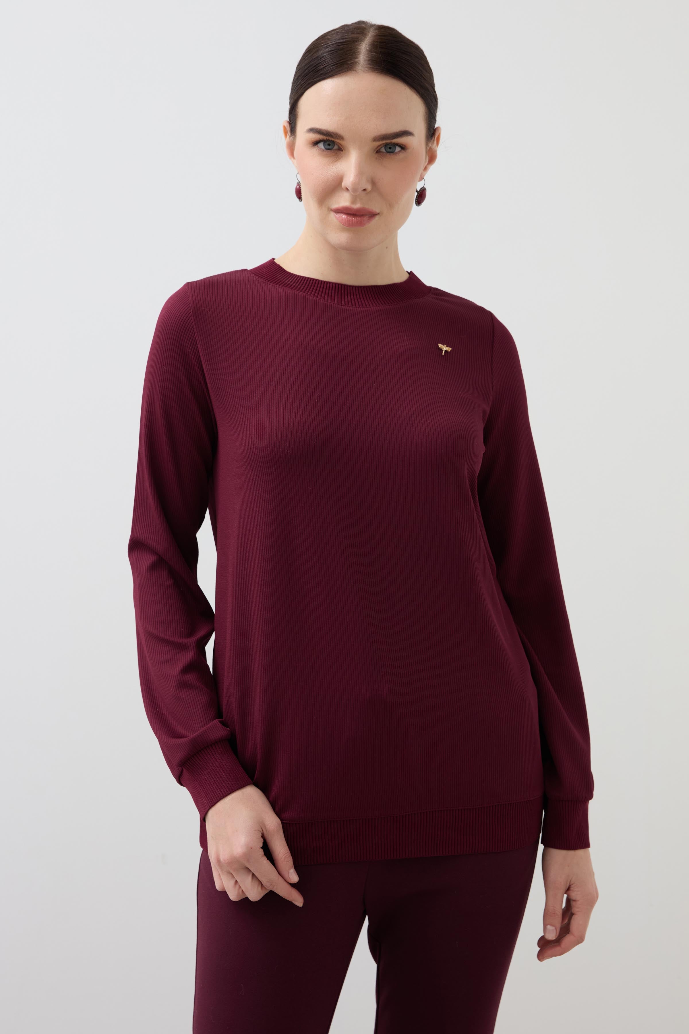 Crew Neck Long Sleeve Blouse - Burgundy