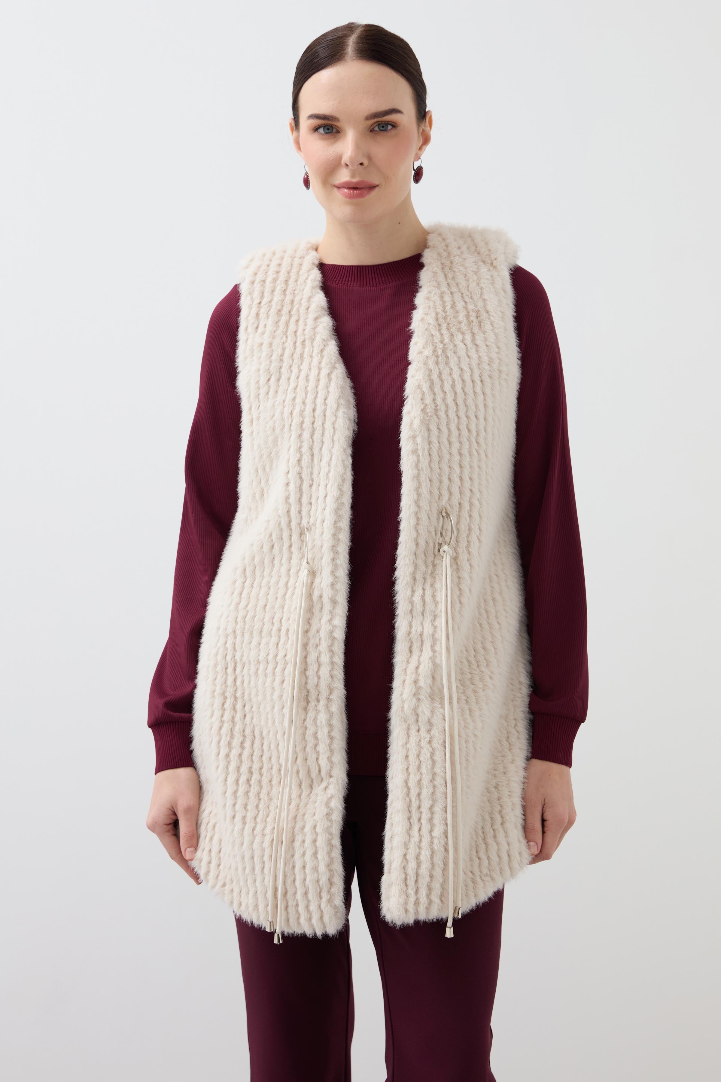 Fur Long Striped Vest - Ecru