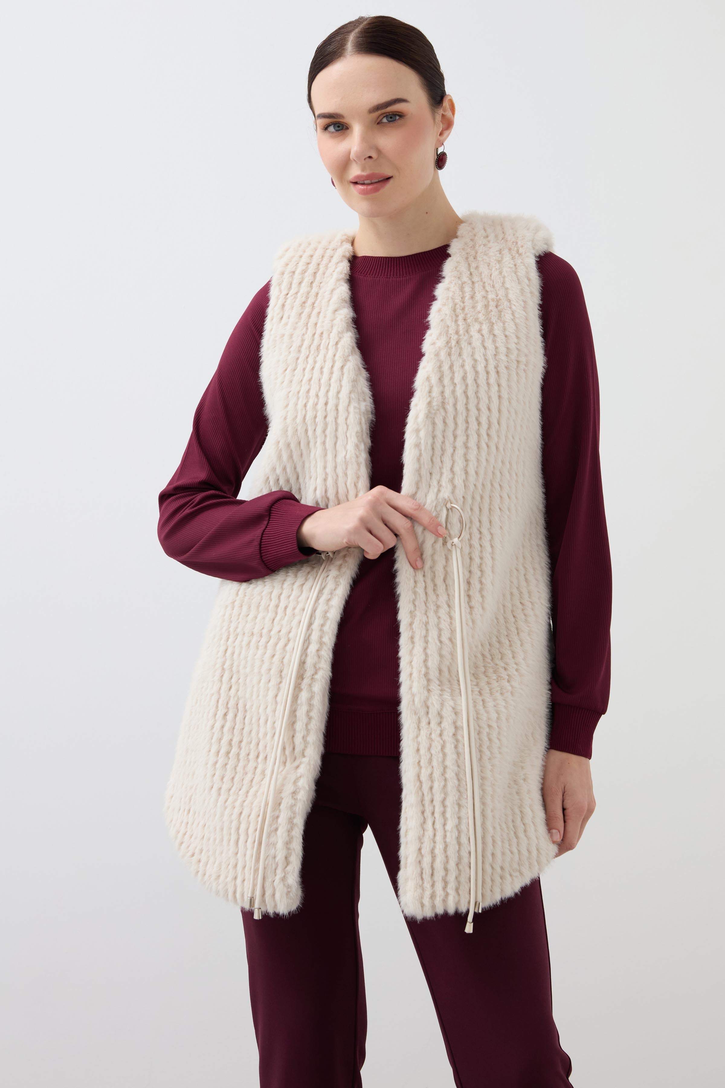 Fur Long Striped Vest - Ecru