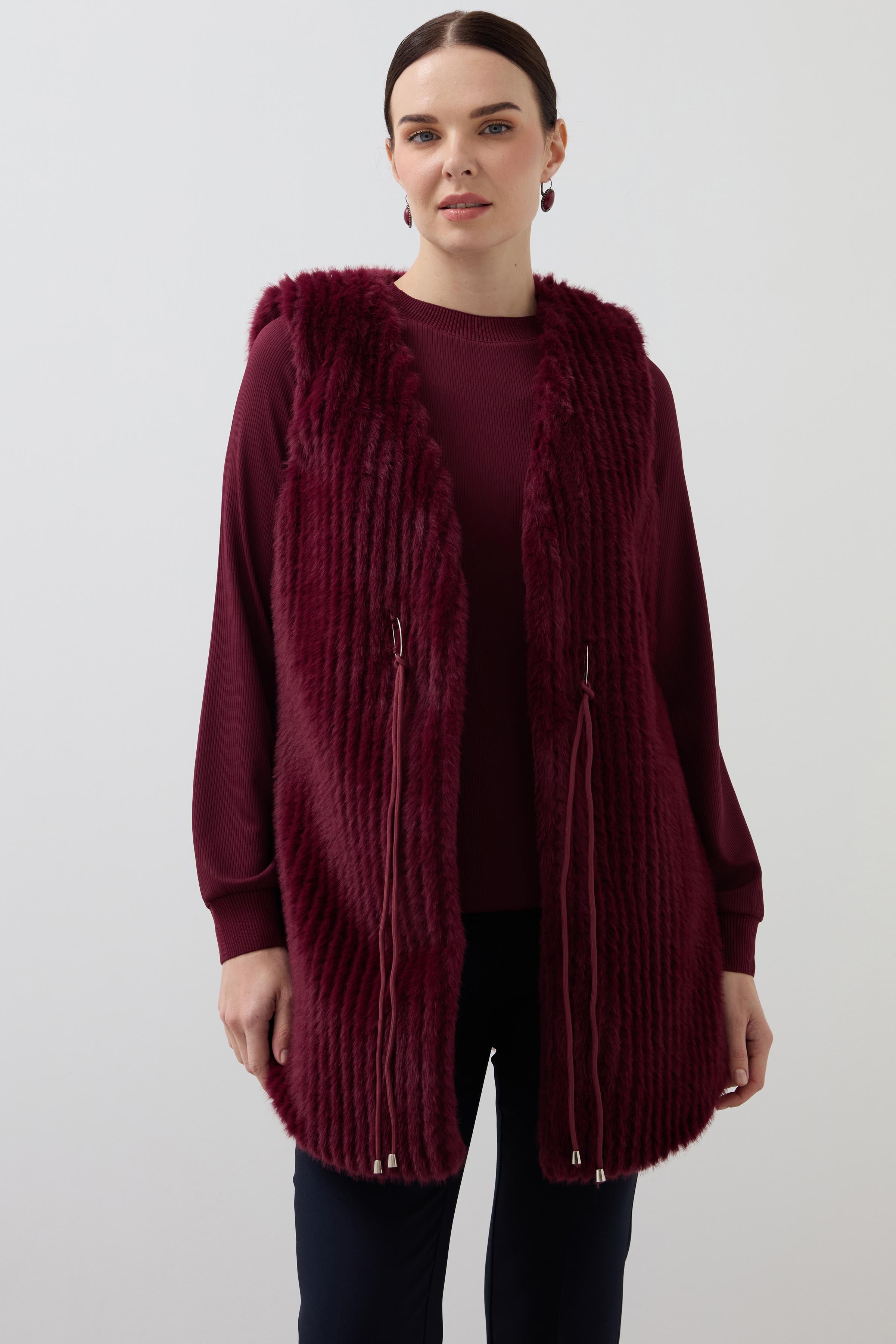 Long Fur Vest Striped - Claret Red