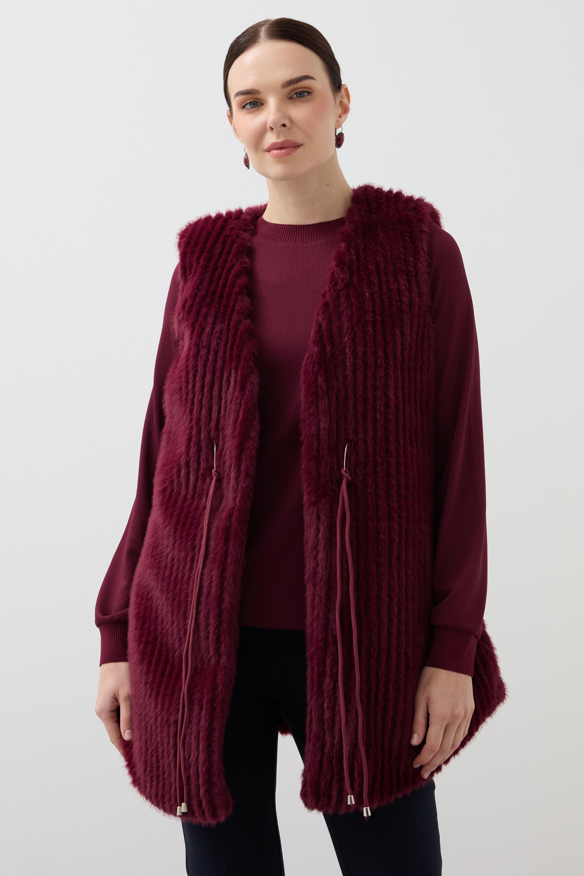Long Fur Vest Striped - Claret Red