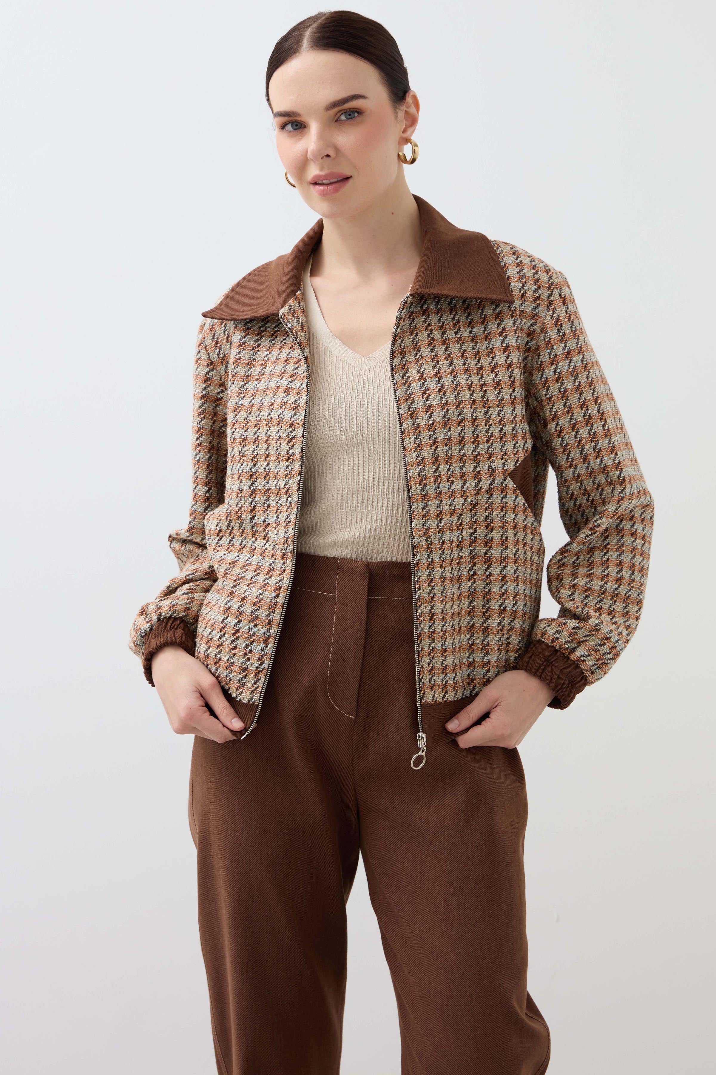 Cep Detaylı Fermuarlı Yakalı Mont - Taba