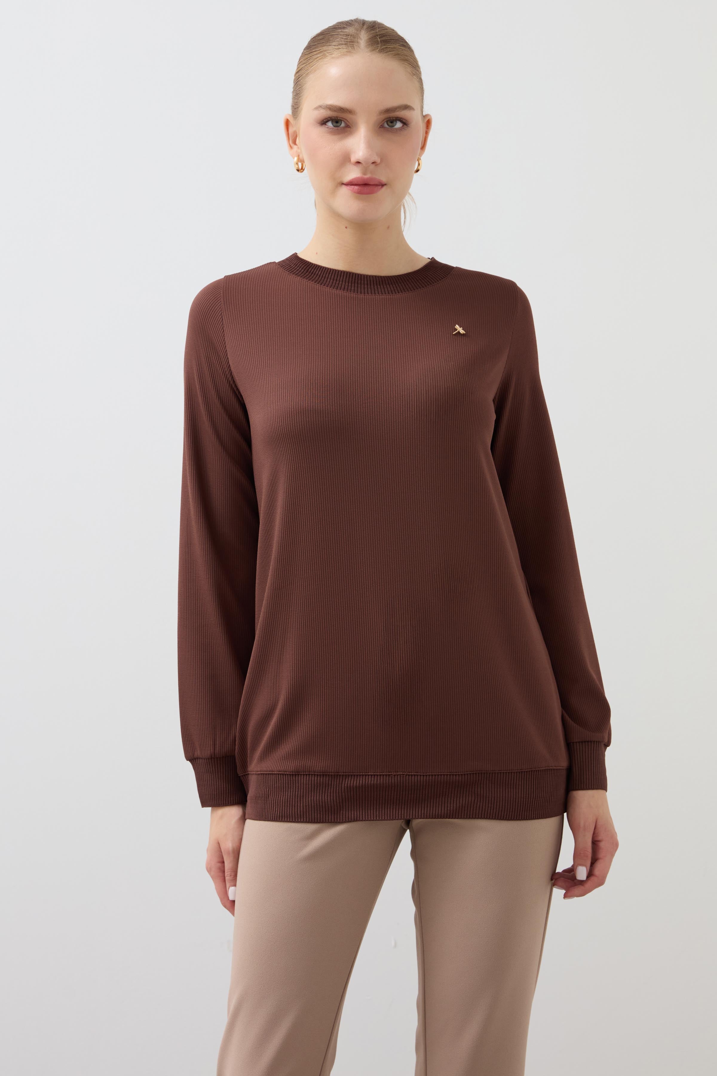 Crew Neck Long Sleeve Blouse - Brown