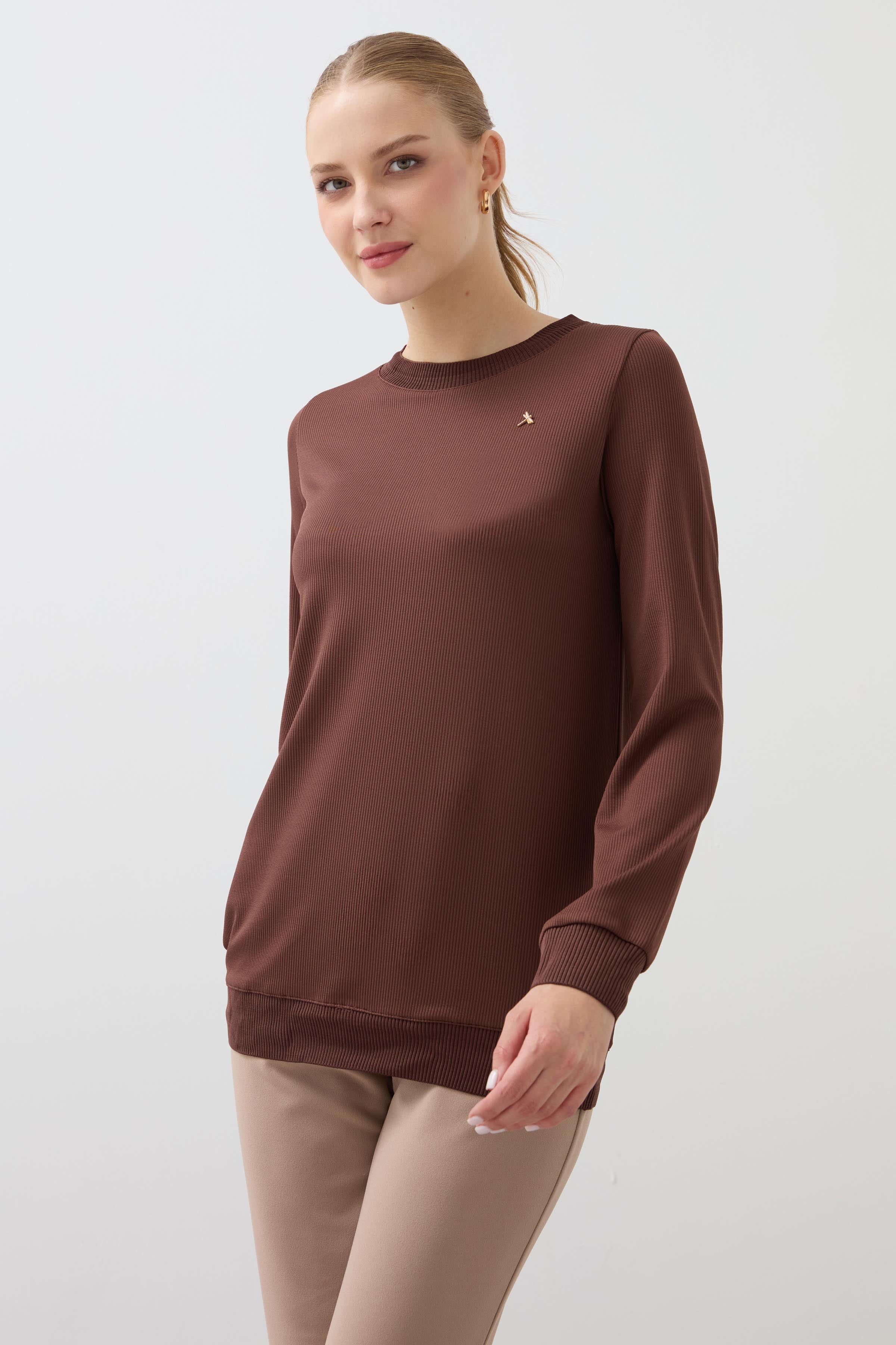 Crew Neck Long Sleeve Blouse - Brown